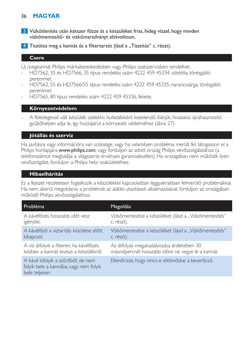 Csere, Környezetvédelem, Jótállás és szerviz | Hibaelhárítás | Philips HD7562 User Manual | Page 36 / 96