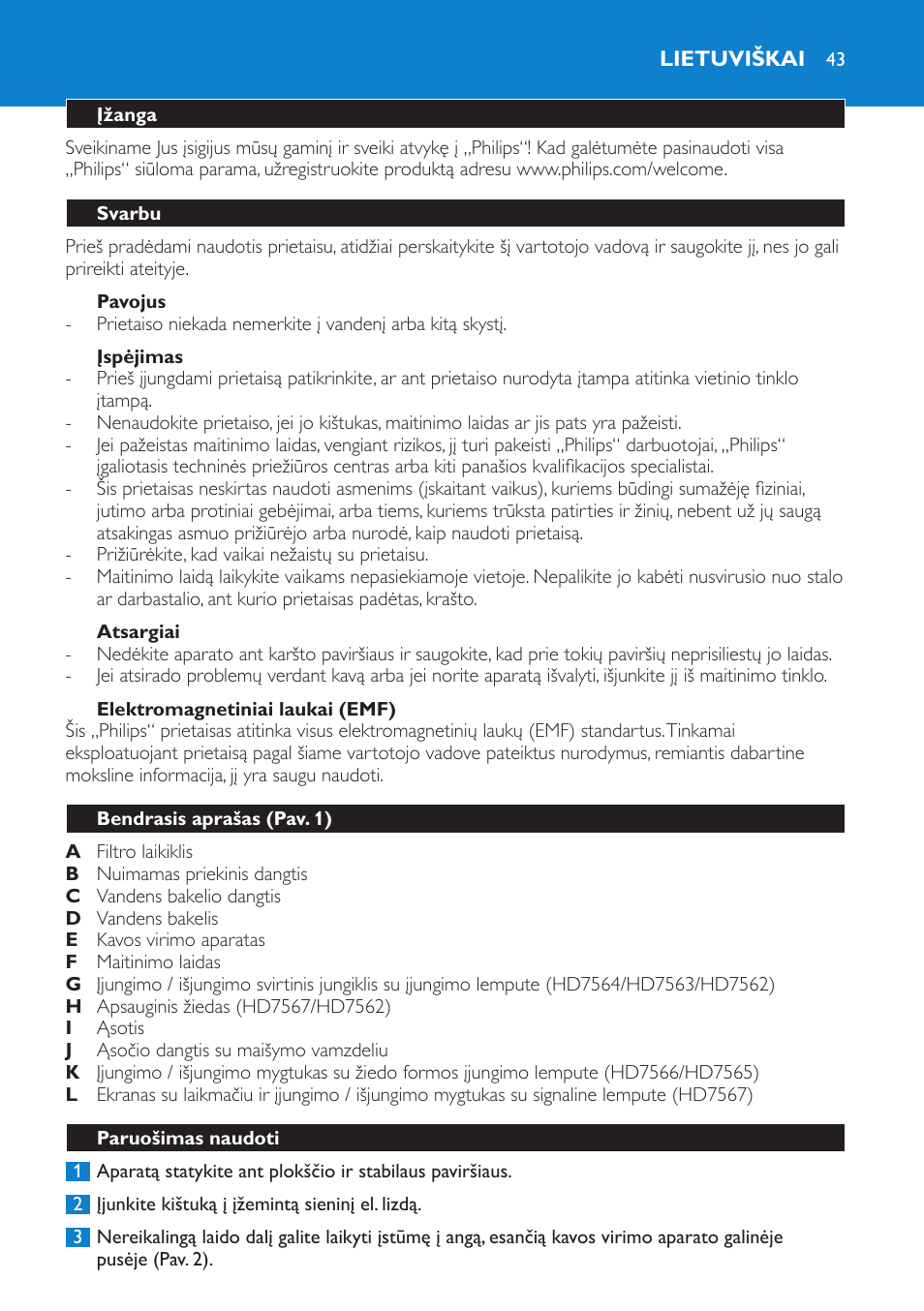 Pavojus, Įspėjimas, Atsargiai | Elektromagnetiniai laukai (emf), Lietuviškai, Įžanga, Svarbu, Bendrasis aprašas (pav. 1), Paruošimas naudoti | Philips HD7562 User Manual | Page 43 / 96