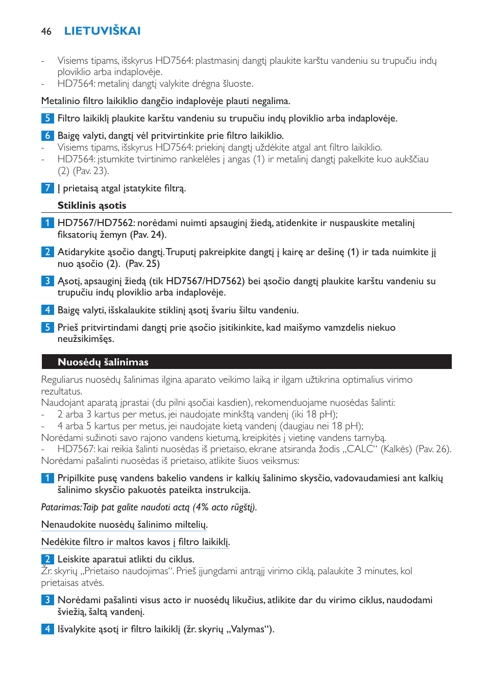 Stiklinis ąsotis, Nuosėdų šalinimas | Philips HD7562 User Manual | Page 46 / 96