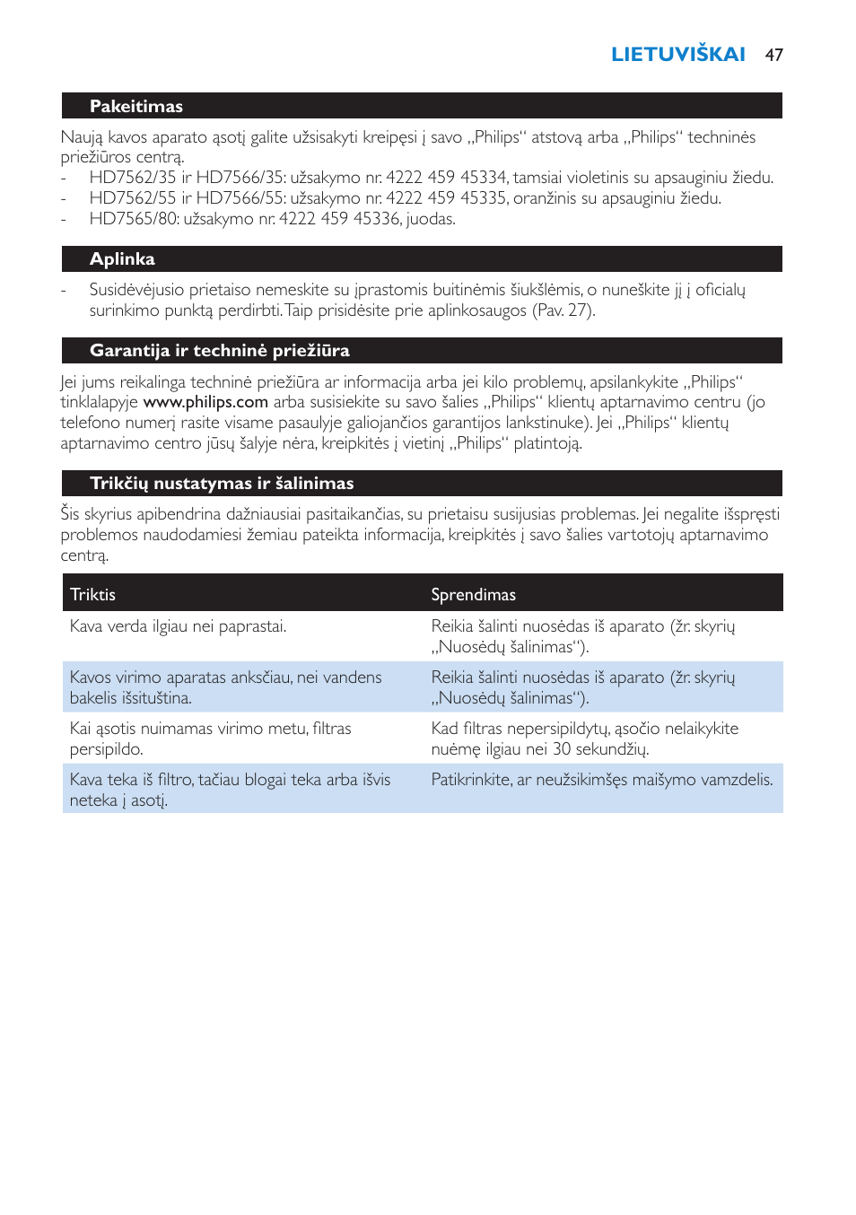 Pakeitimas, Aplinka, Garantija ir techninė priežiūra | Trikčių nustatymas ir šalinimas | Philips HD7562 User Manual | Page 47 / 96