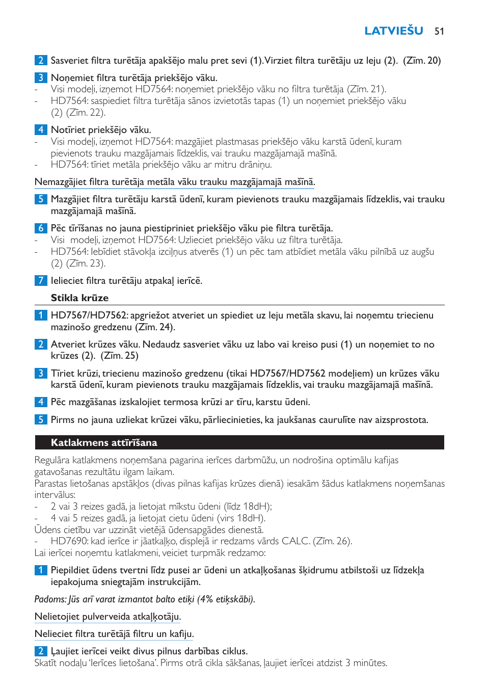Stikla krūze, Katlakmens attīrīšana | Philips HD7562 User Manual | Page 51 / 96