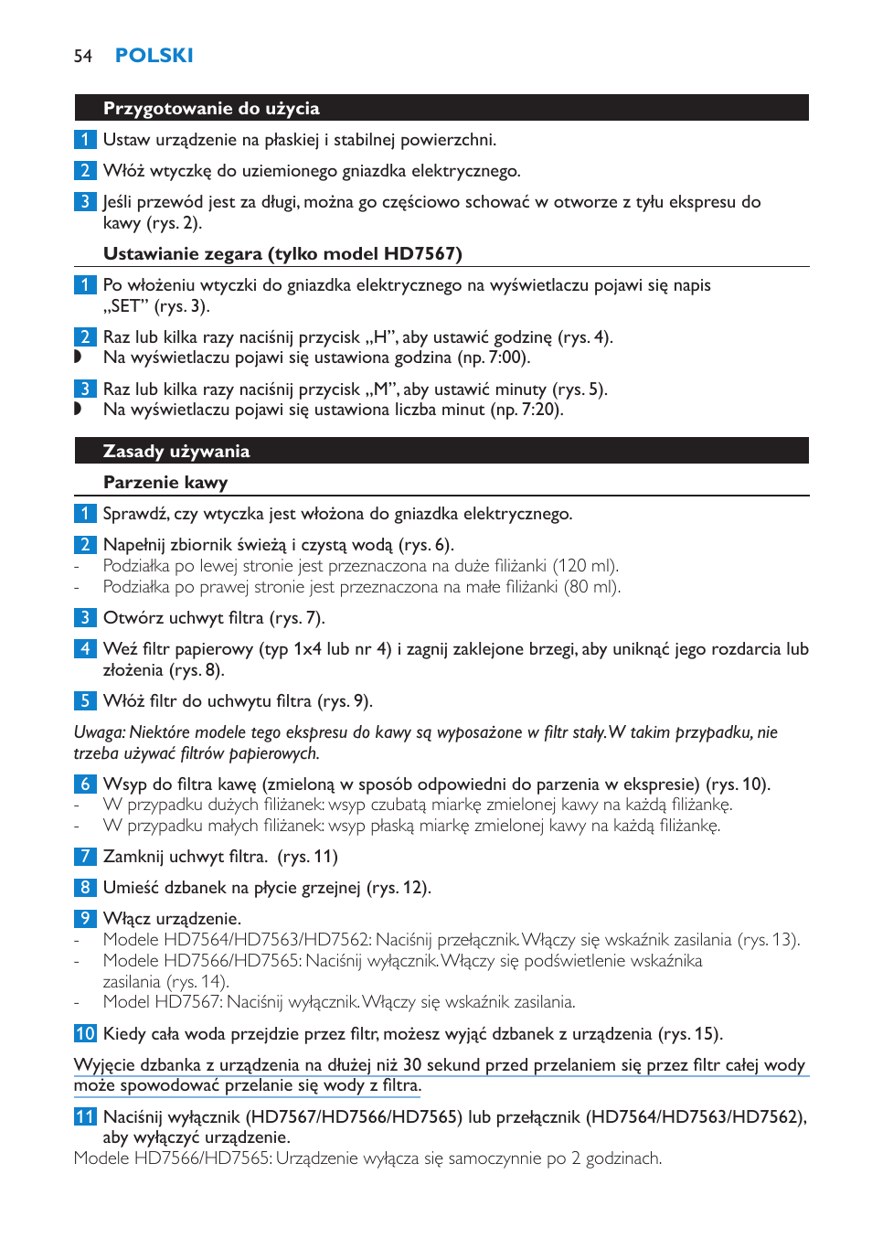 Przygotowanie do użycia, Ustawianie zegara (tylko model hd7567), Zasady używania | Parzenie kawy | Philips HD7562 User Manual | Page 54 / 96