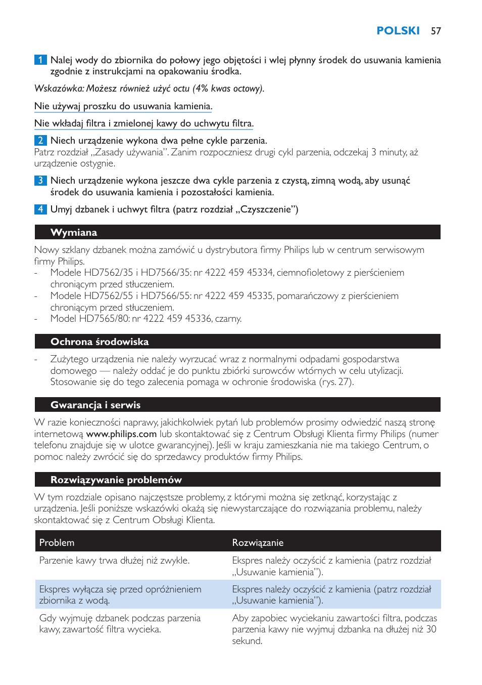 Wymiana, Ochrona środowiska, Gwarancja i serwis | Rozwiązywanie problemów | Philips HD7562 User Manual | Page 57 / 96