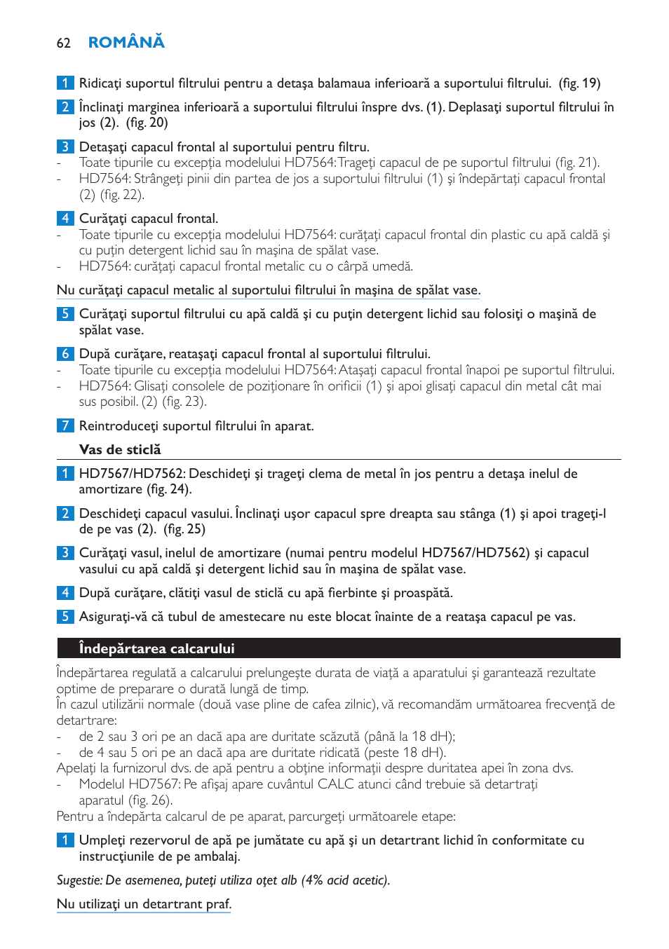 Vas de sticlă, Îndepărtarea calcarului | Philips HD7562 User Manual | Page 62 / 96