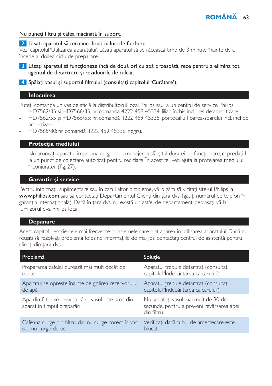 Înlocuirea, Protecţia mediului, Garanţie şi service | Depanare | Philips HD7562 User Manual | Page 63 / 96