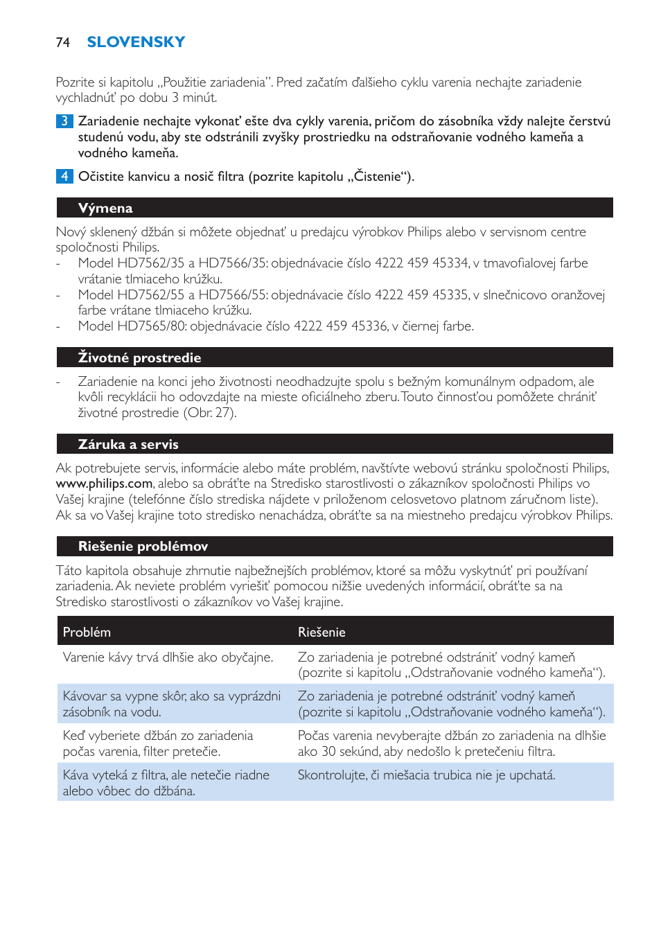 Výmena, Životné prostredie, Záruka a servis | Riešenie problémov | Philips HD7562 User Manual | Page 74 / 96
