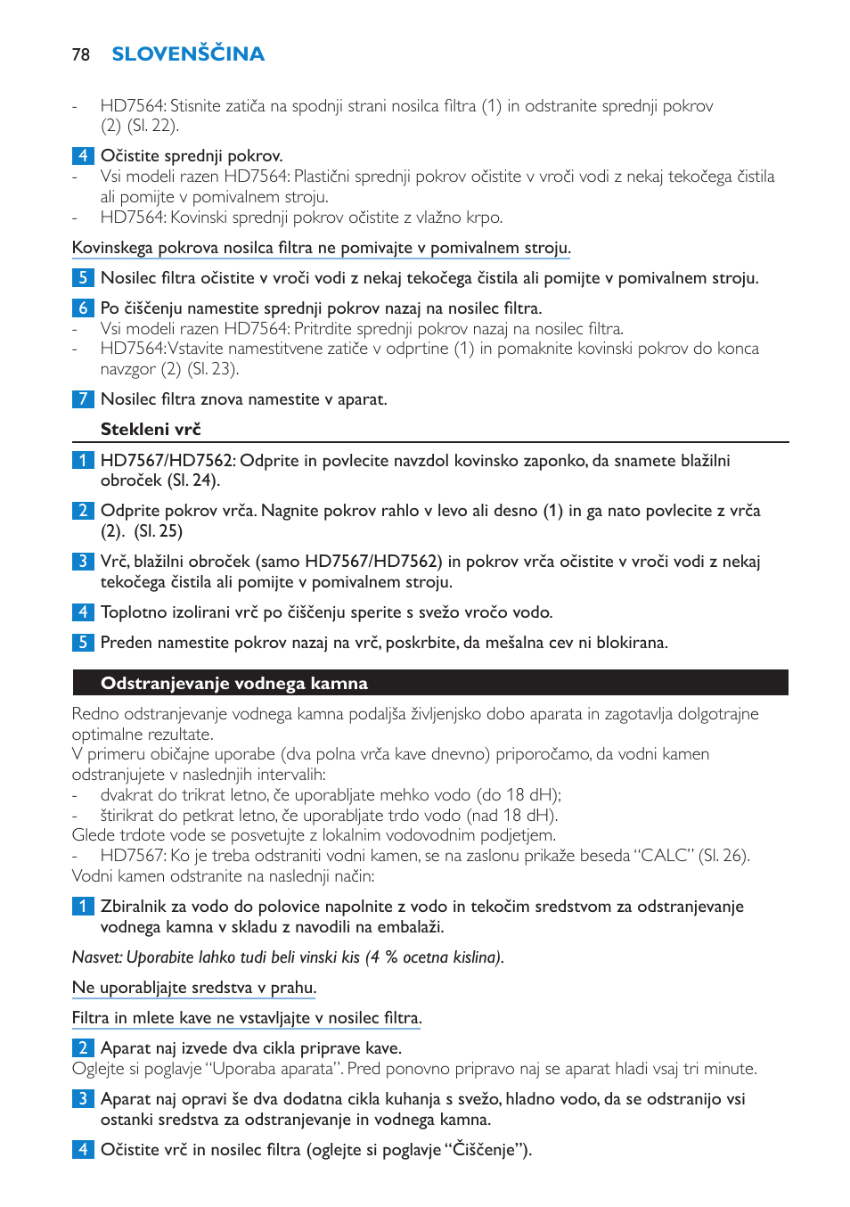Stekleni vrč, Odstranjevanje vodnega kamna | Philips HD7562 User Manual | Page 78 / 96