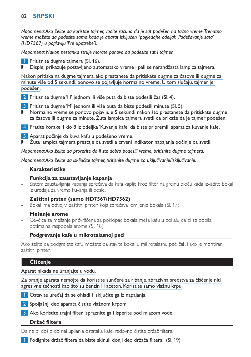 Karakteristike, Funkcija za zaustavljanje kapanja, Zaštitni prsten (samo hd7567/hd7562) | Mešanje arome, Podgrevanje kafe u mikrotalasnoj peći, Čišćenje, Držač filtera | Philips HD7562 User Manual | Page 82 / 96