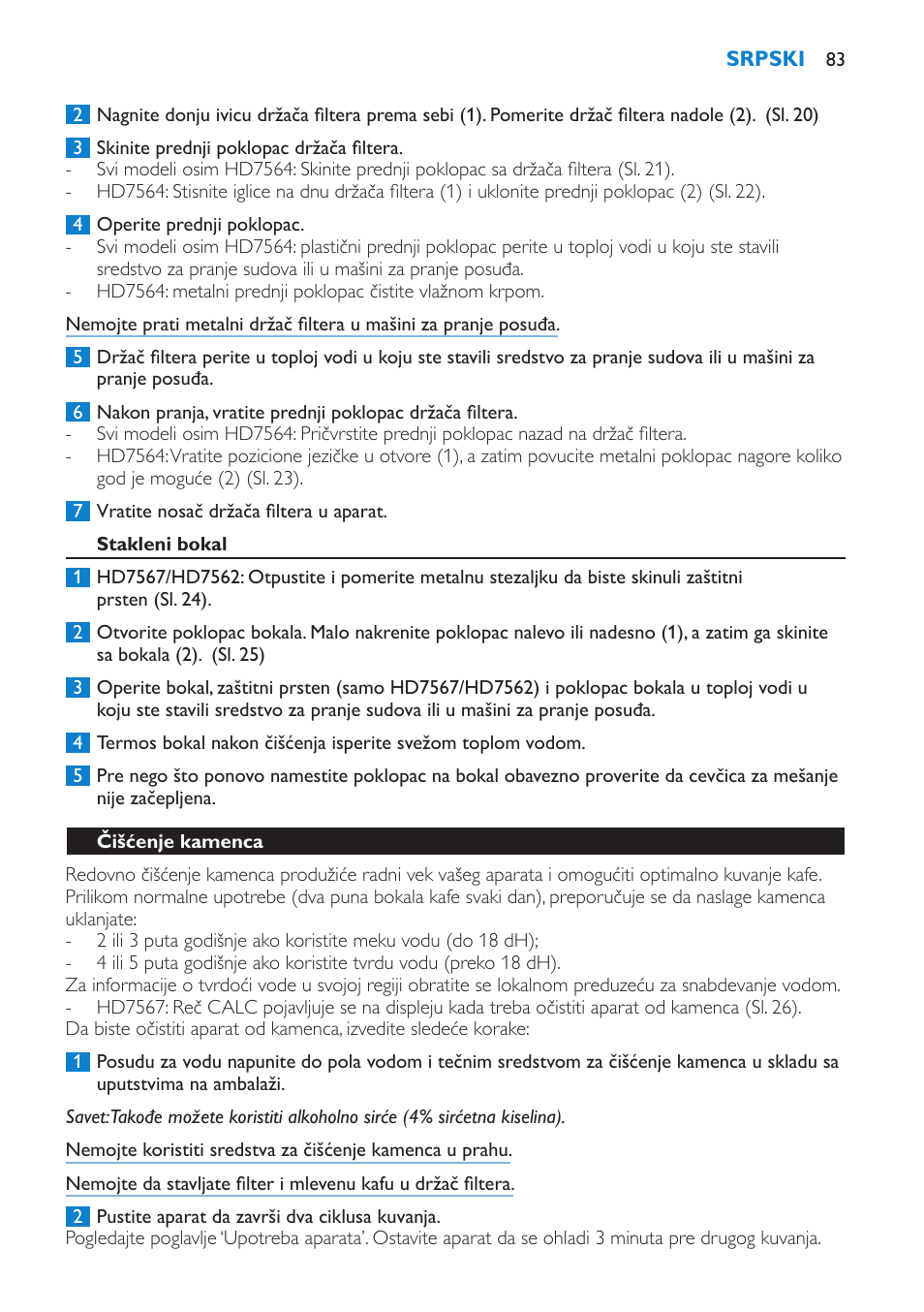 Stakleni bokal, Čišćenje kamenca | Philips HD7562 User Manual | Page 83 / 96