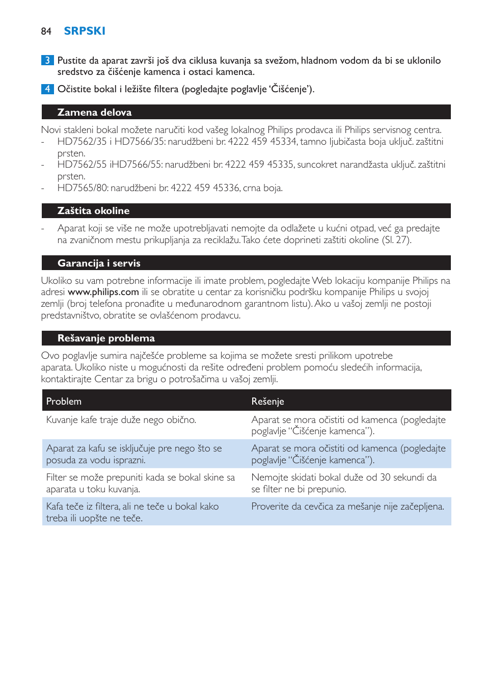 Zamena delova, Zaštita okoline, Garancija i servis | Rešavanje problema | Philips HD7562 User Manual | Page 84 / 96