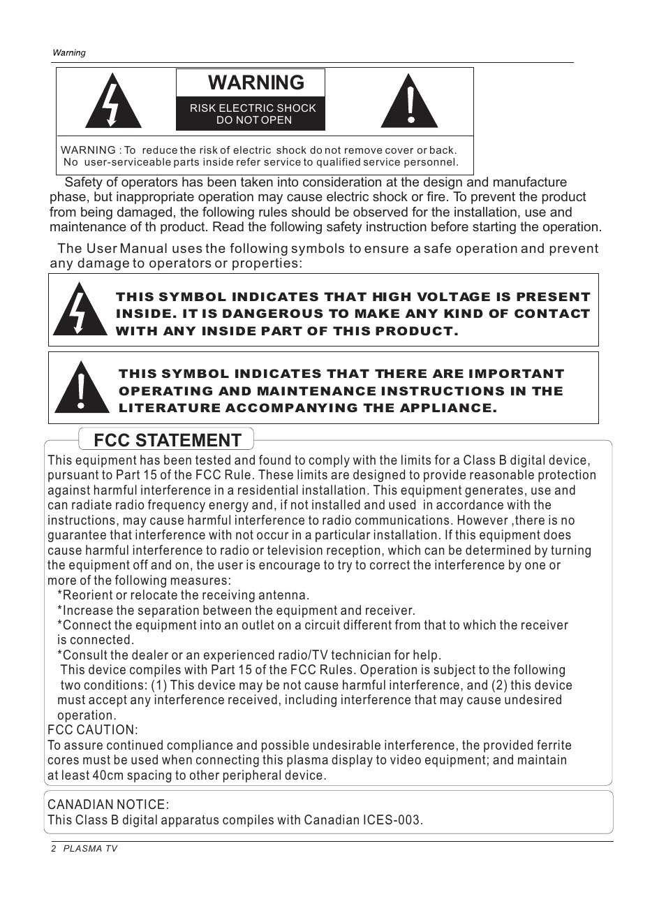Warning, Fcc statement | haier HP42BB User Manual | Page 2 / 46