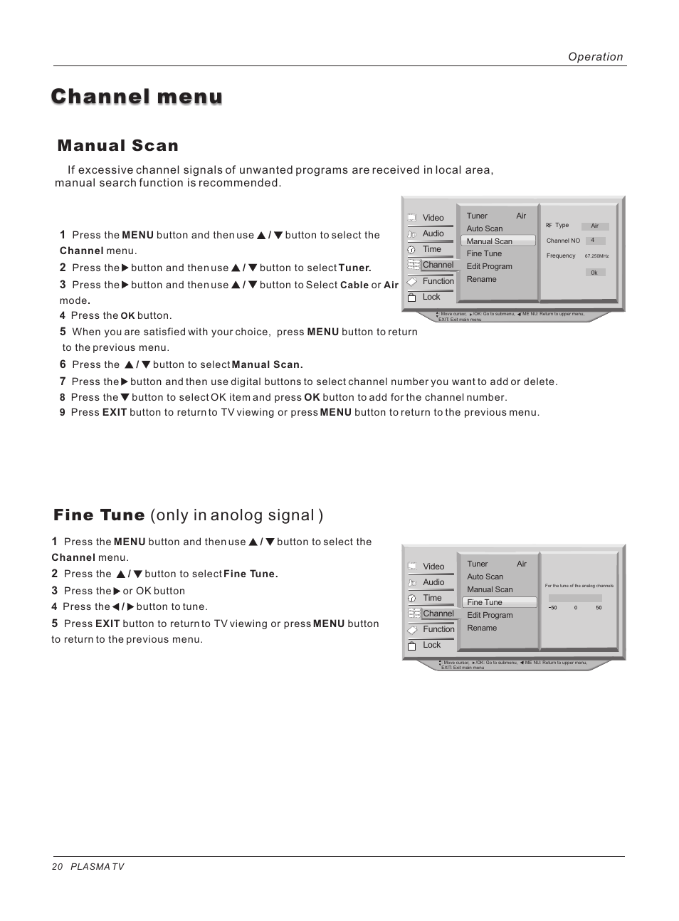 Channel menu, Manual scan, Fine tune (only in anolog signal ) | Operation | haier HP42BB User Manual | Page 20 / 46