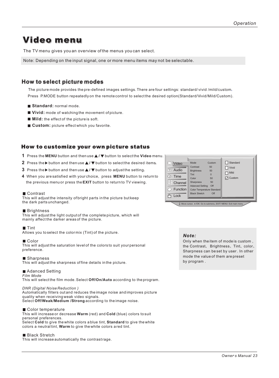 Video menu, How to select picture modes, How to customize your own picture status | Operation | haier HP42BB User Manual | Page 23 / 46