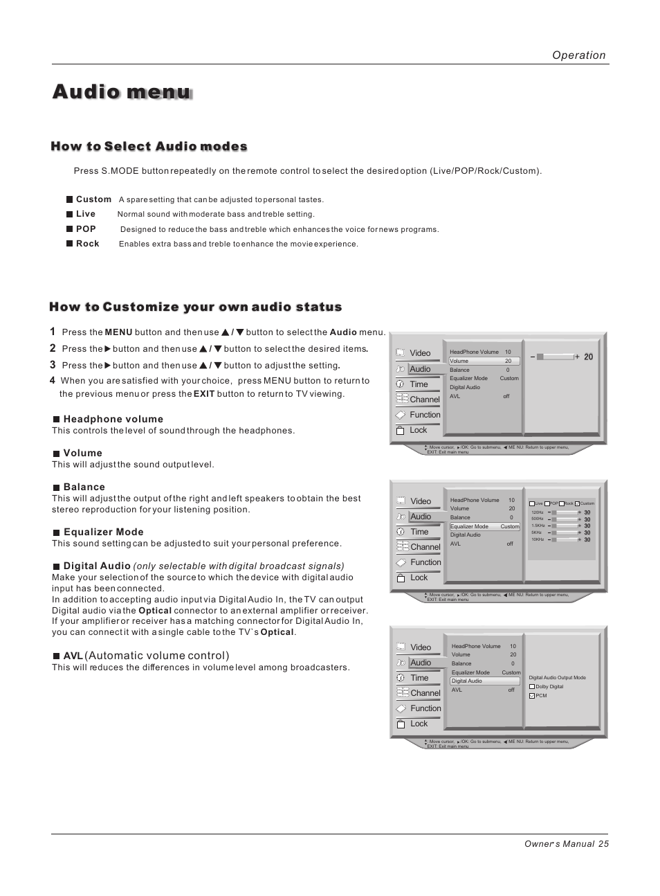 Audio menu, How to customize your own audio status, How to select audio modes | Automatic volume control), Operation, Headphone volume, Volume, Balance, Equalizer mode, Digital audio | haier HP42BB User Manual | Page 25 / 46