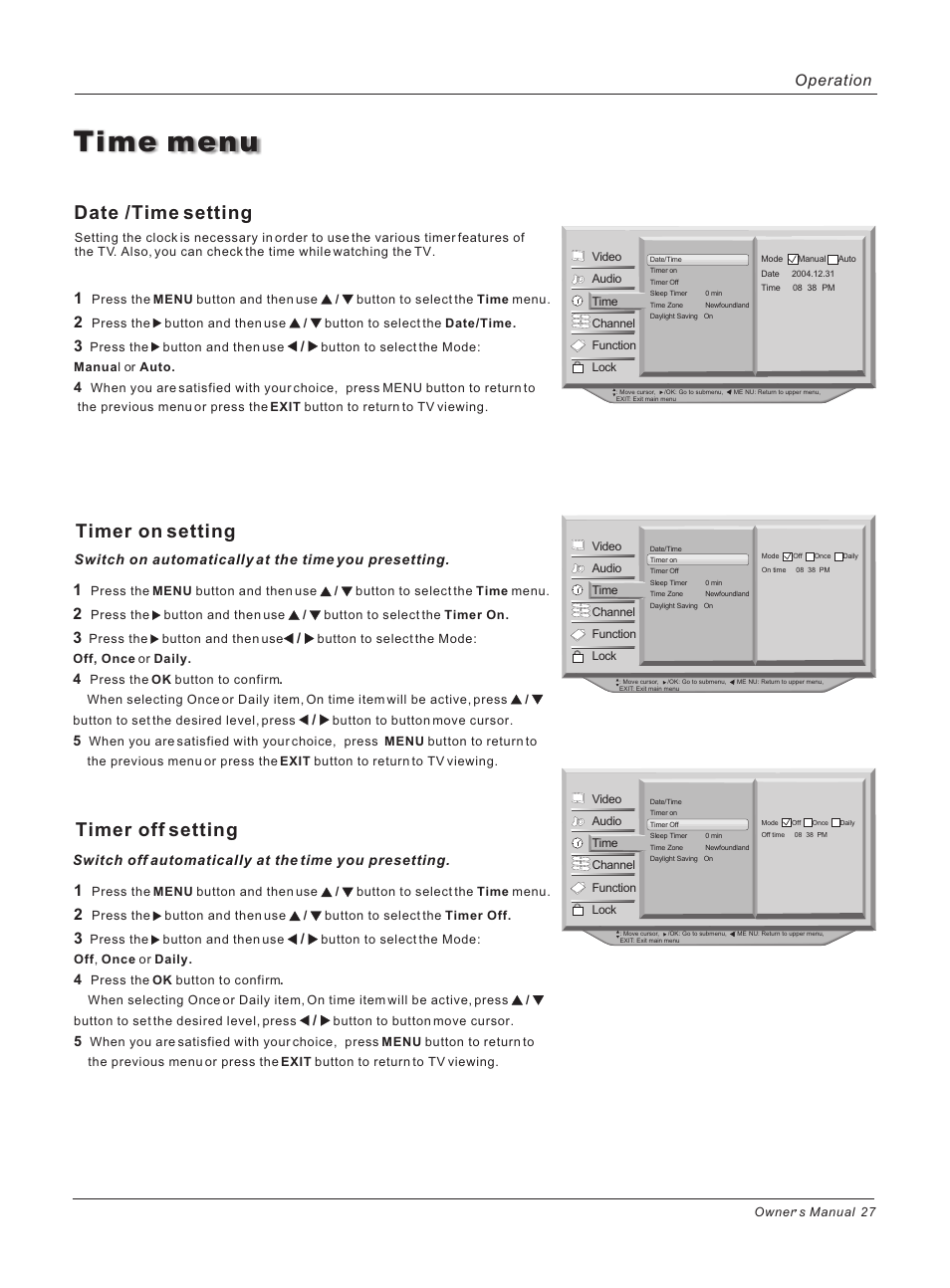 Time menu, Date /time setting, Timer on setting | Timer off setting, Operation | haier HP42BB User Manual | Page 27 / 46