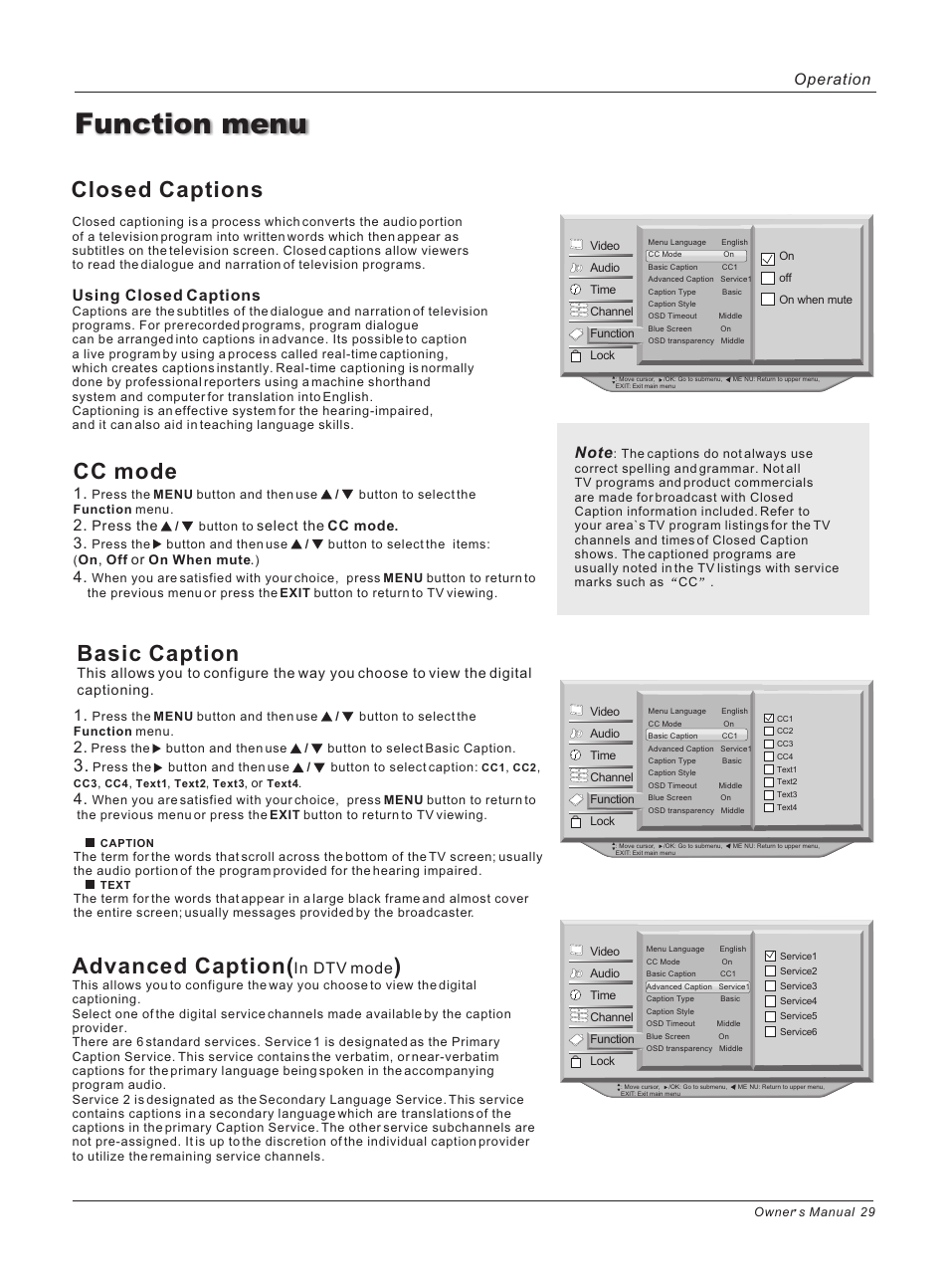 Function menu, Closed captions, Basic caption | Advanced caption, Cc mode, Using closed captions, Operation | haier HP42BB User Manual | Page 29 / 46