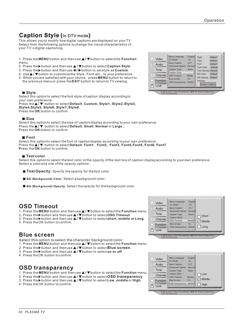 Caption style, Osd timeout, Blue screen | Osd transparency, Operation, Style, Size, Font, Text color, Text opacity | haier HP42BB User Manual | Page 30 / 46