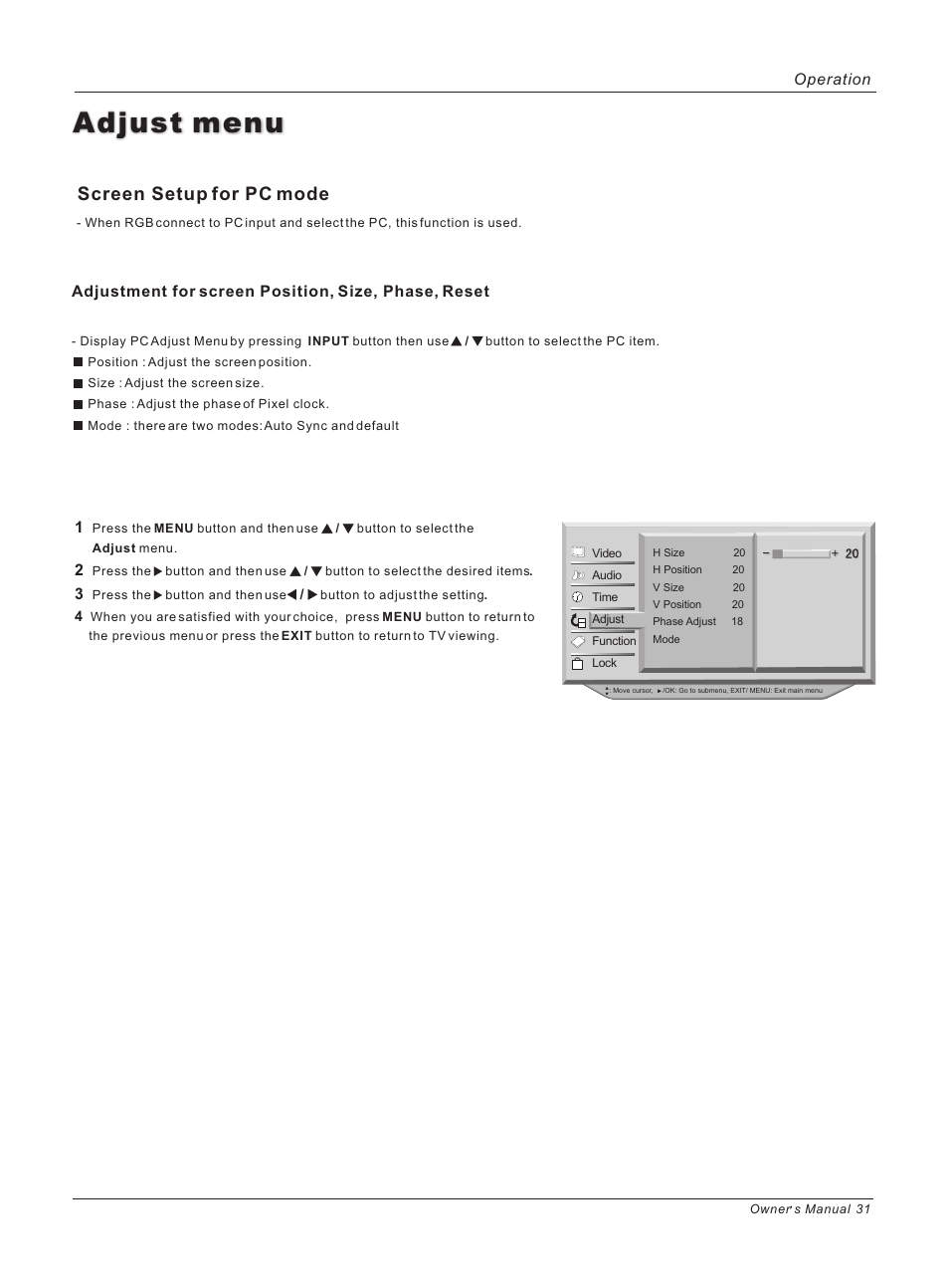 Adjust menu, Screen setup for pc mode | haier HP42BB User Manual | Page 31 / 46