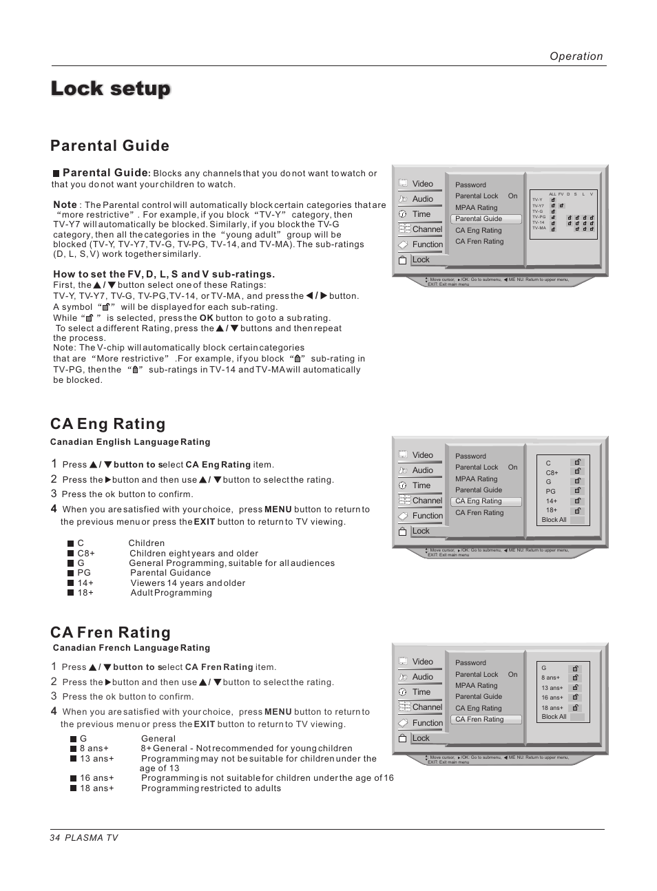 Lock setup, Parental guide ca eng rating ca fren rating, Parental guide | Operation | haier HP42BB User Manual | Page 34 / 46