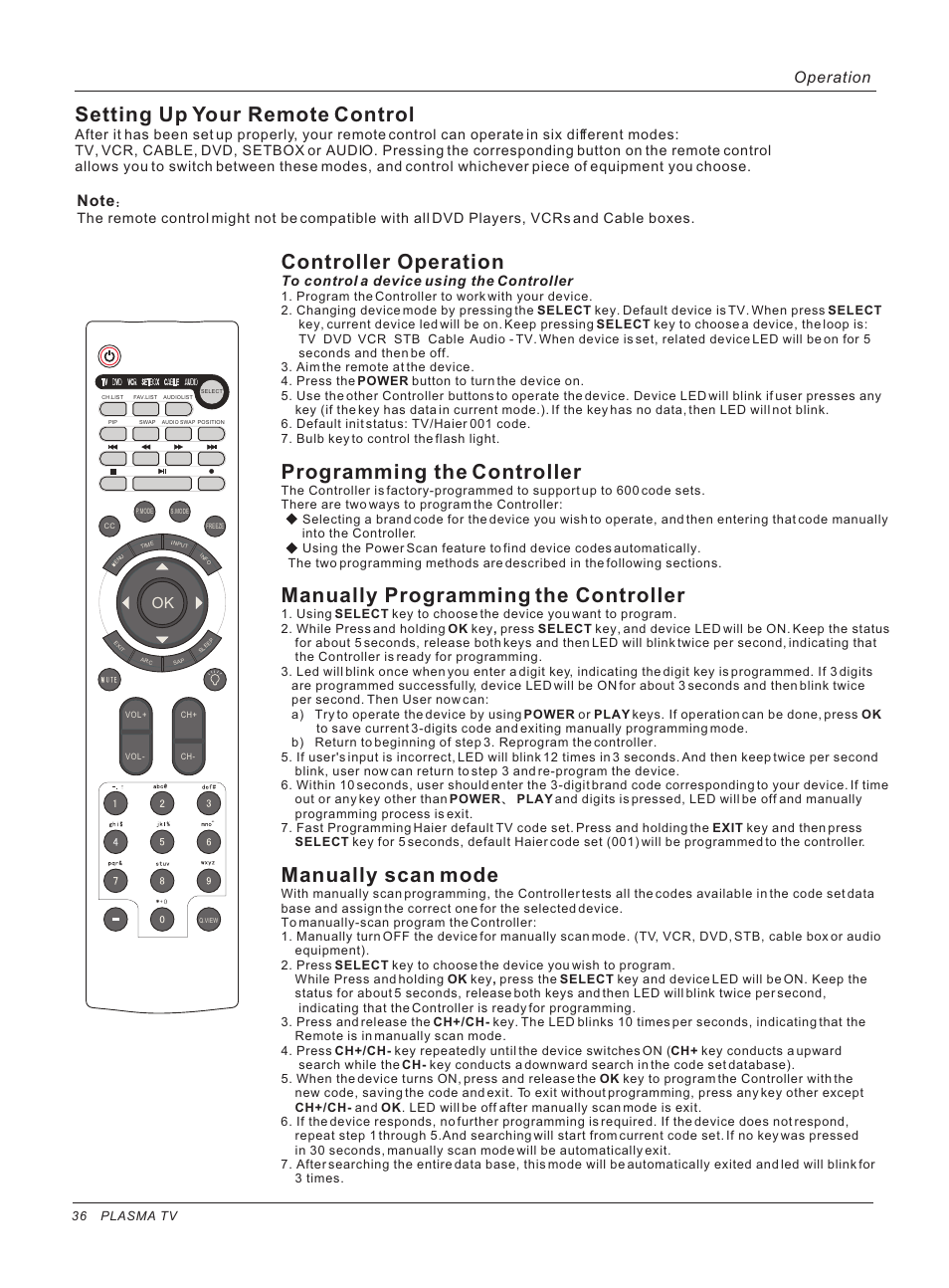 Controller operation, Programming the controller, Manually programming the controller | Manually scan mode, Setting up your remote control, Operation | haier HP42BB User Manual | Page 36 / 46