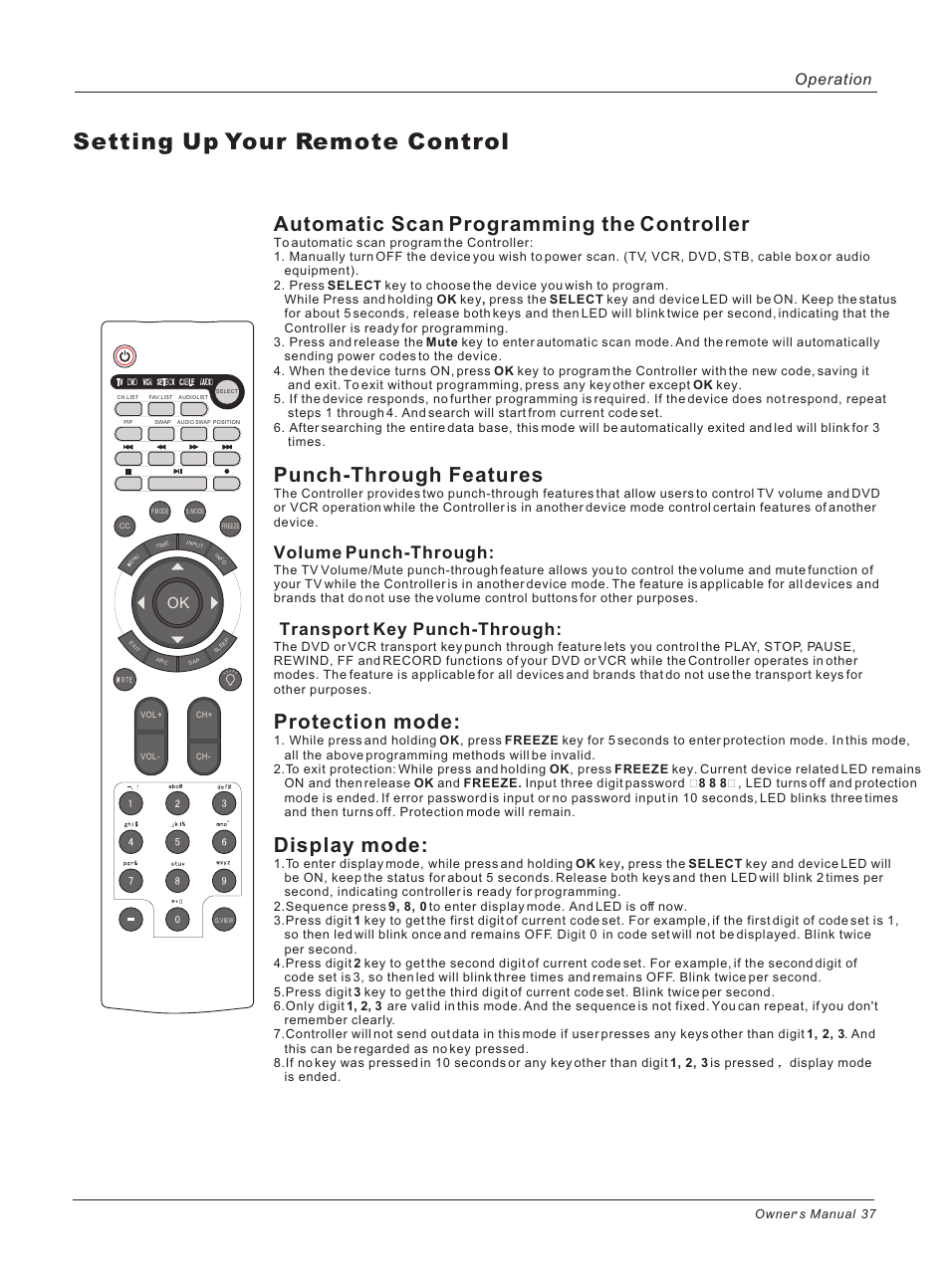 Setting up your remote control, Automatic scan programming the controller, Punch-through features | Protection mode, Display mode, Volume punch-through, Transport key punch-through, Operation | haier HP42BB User Manual | Page 37 / 46