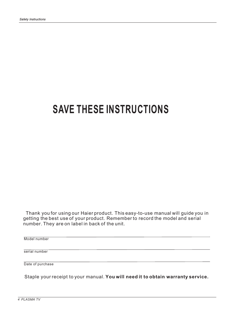 Save these instructions | haier HP42BB User Manual | Page 4 / 46