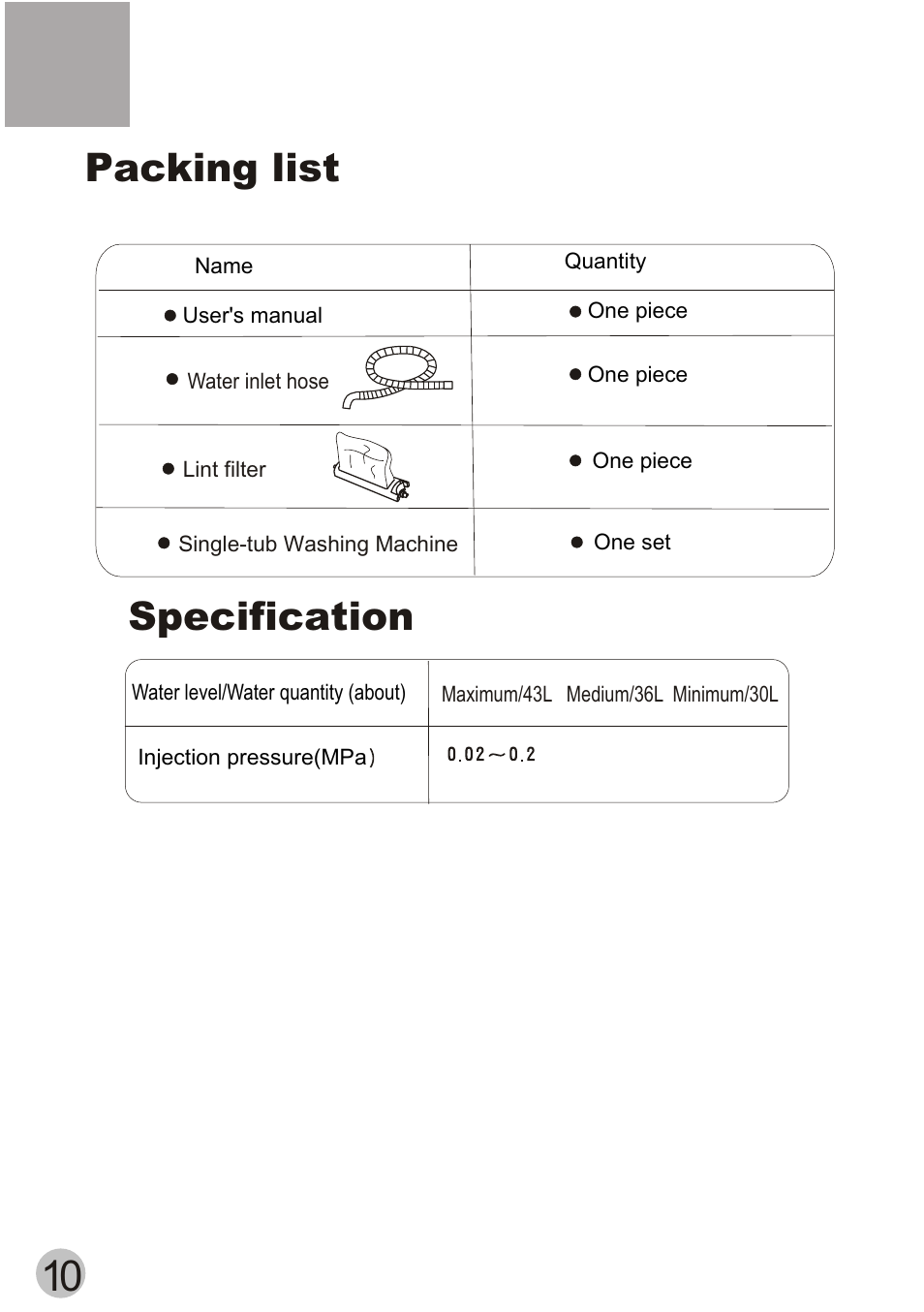 Packing list, Specification | haier HWM55-33W User Manual | Page 12 / 12