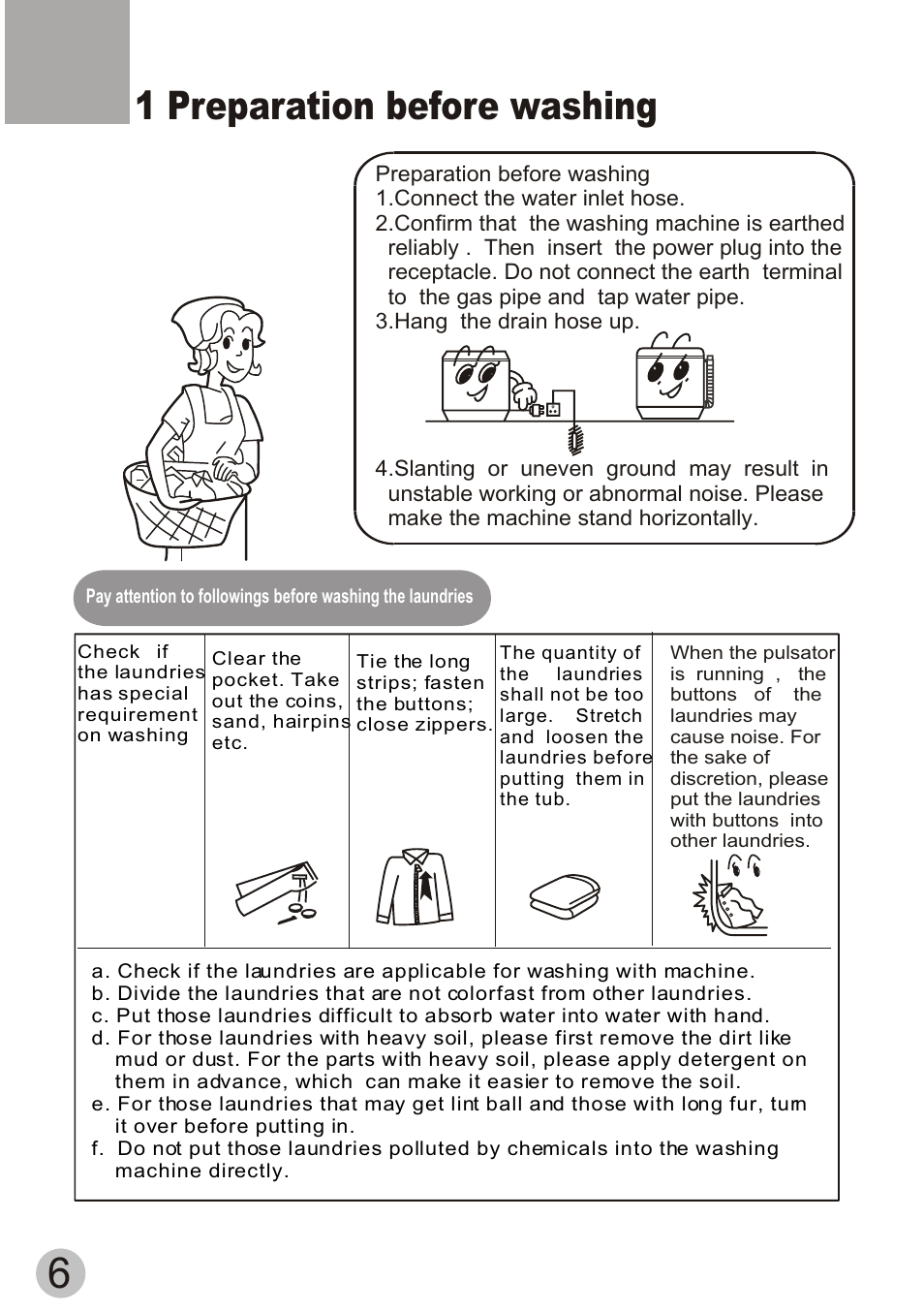 1 preparation before washing | haier HWM55-33W User Manual | Page 8 / 12