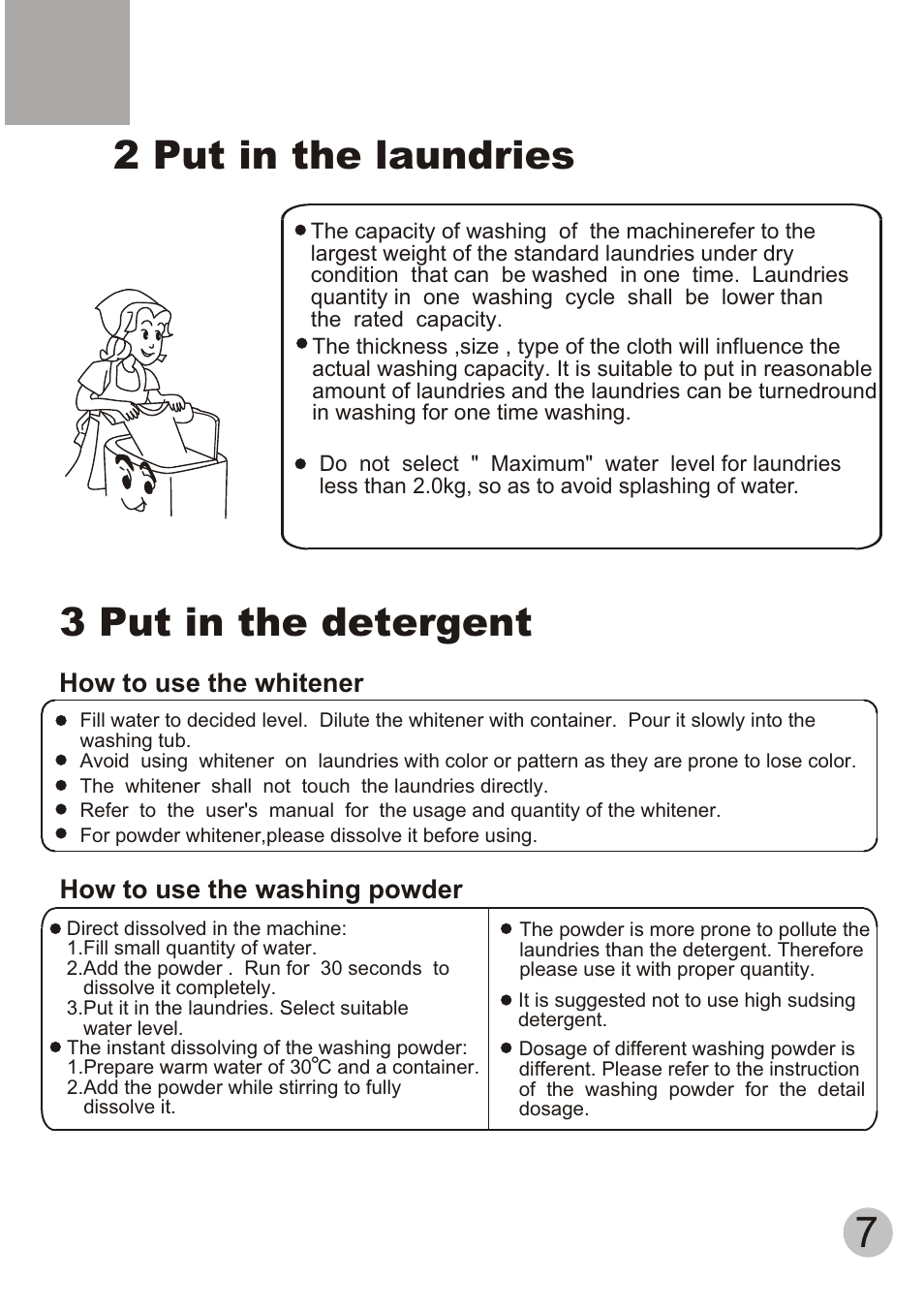 2 put in the laundries, 3 put in the detergent | haier HWM55-33W User Manual | Page 9 / 12