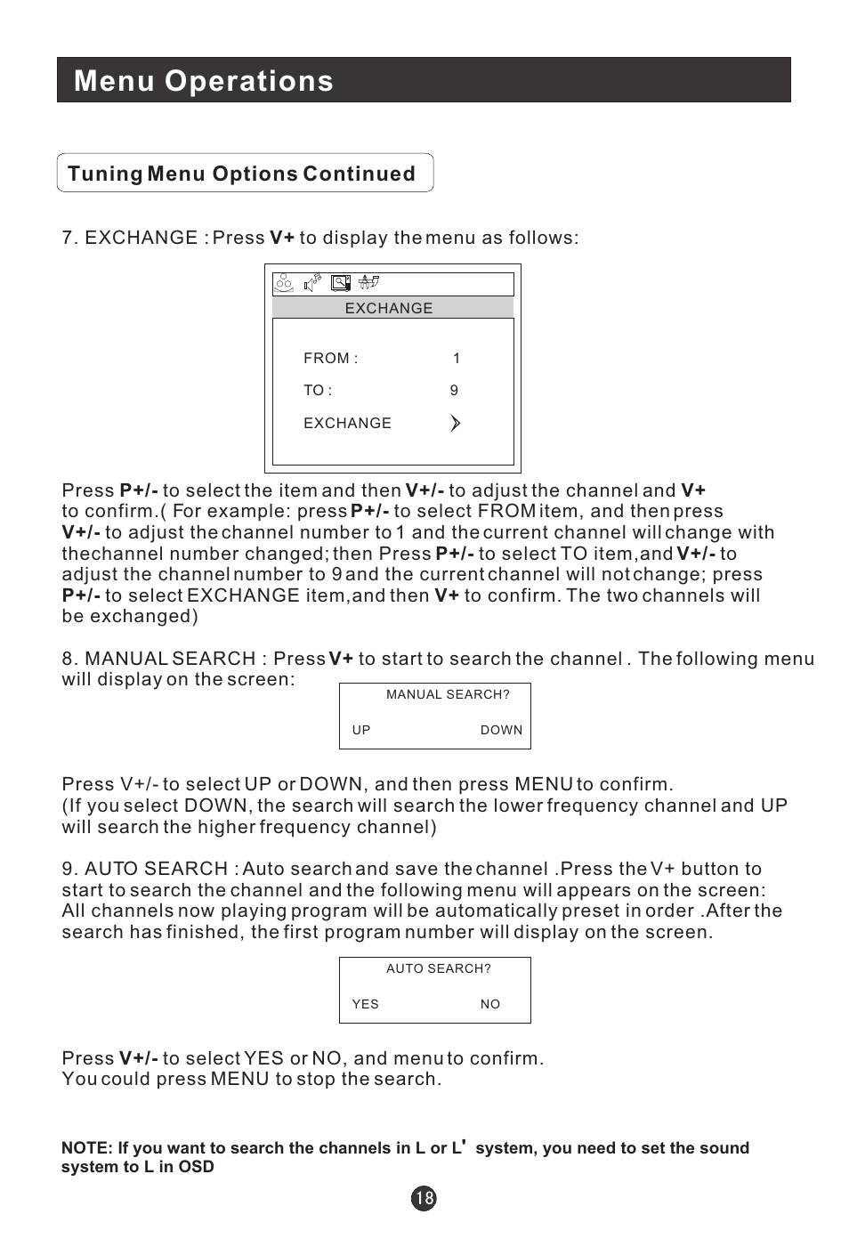 Menu operations, Tuning menu options continued | haier L1510B-C User Manual | Page 20 / 34