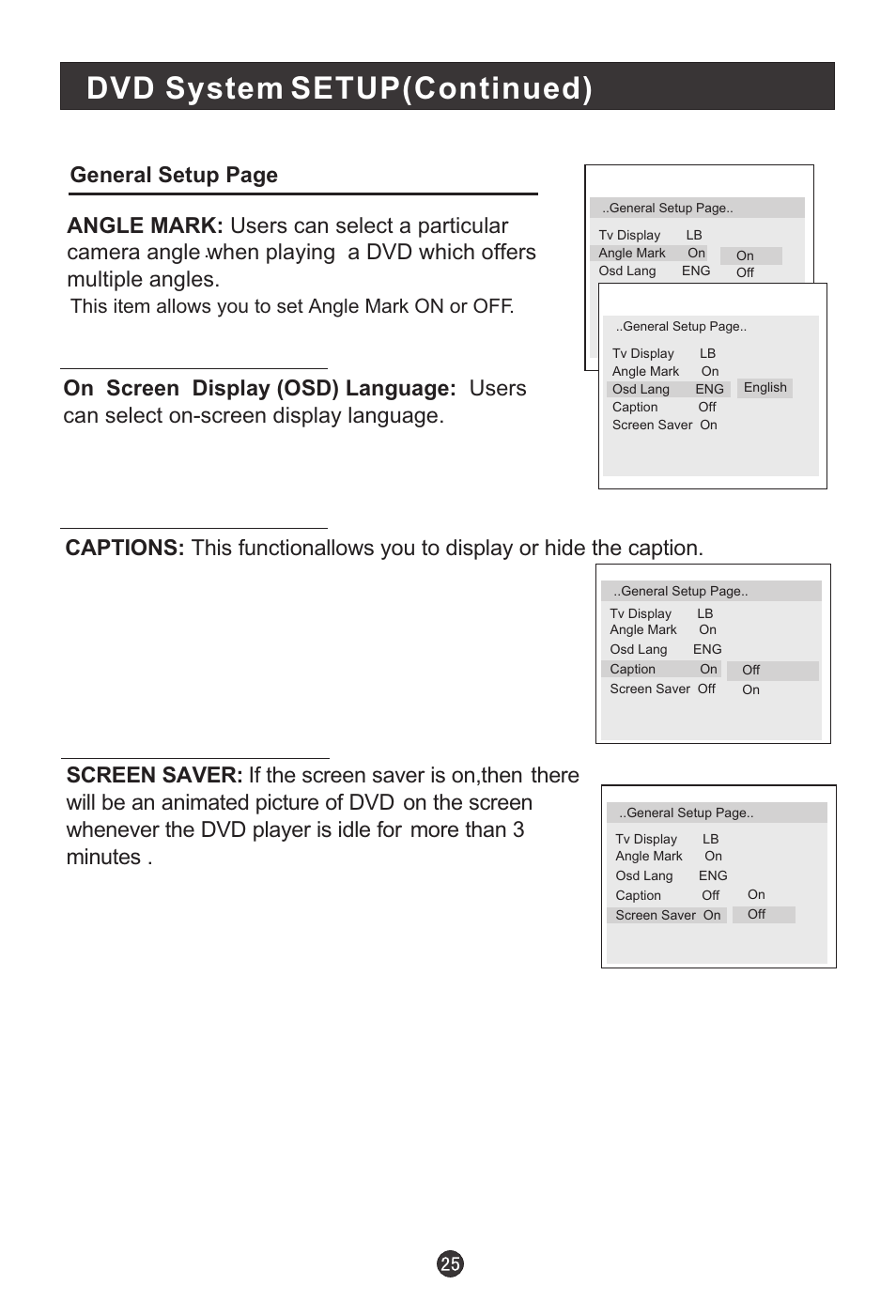 Dvd system setup(continued), This item allows you to set angle mark on or off | haier L1510B-C User Manual | Page 27 / 34