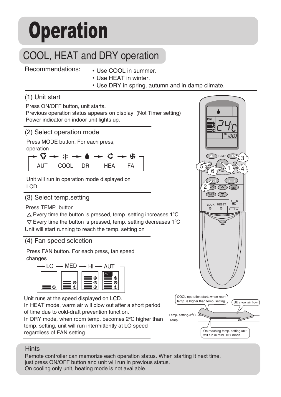 Operation, Cool, heat and dry operation, Hints (4) fan speed selection | Recommendations, Aut dr hea fa cool, Aut lo med hi | haier AS072AZNDA User Manual | Page 11 / 20