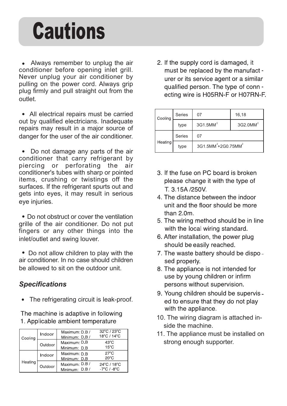 Cautions, Specifications | haier AS072AZNDA User Manual | Page 4 / 20