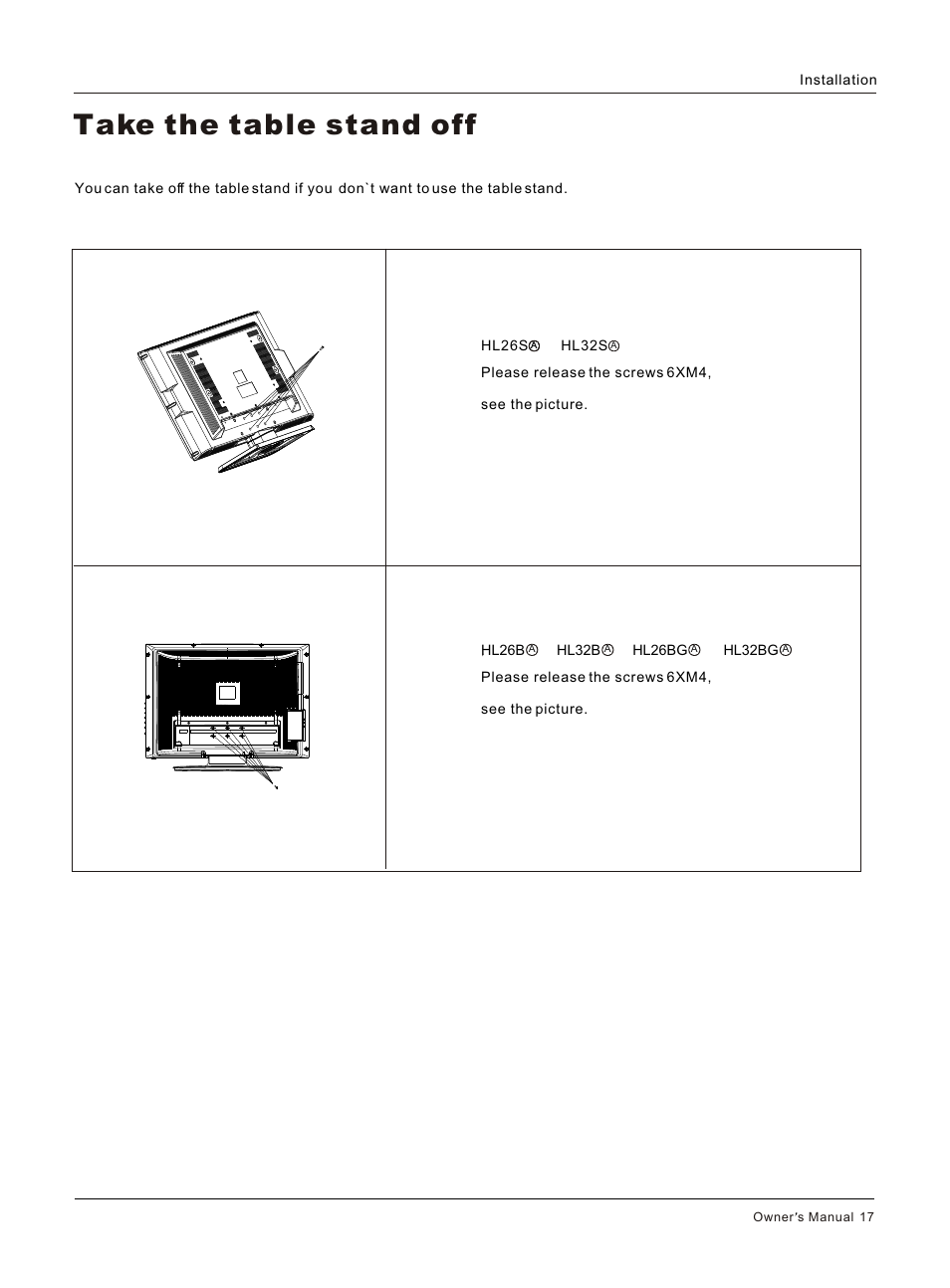Т³гж 17, Take the table stand off | haier HL26S User Manual | Page 17 / 44