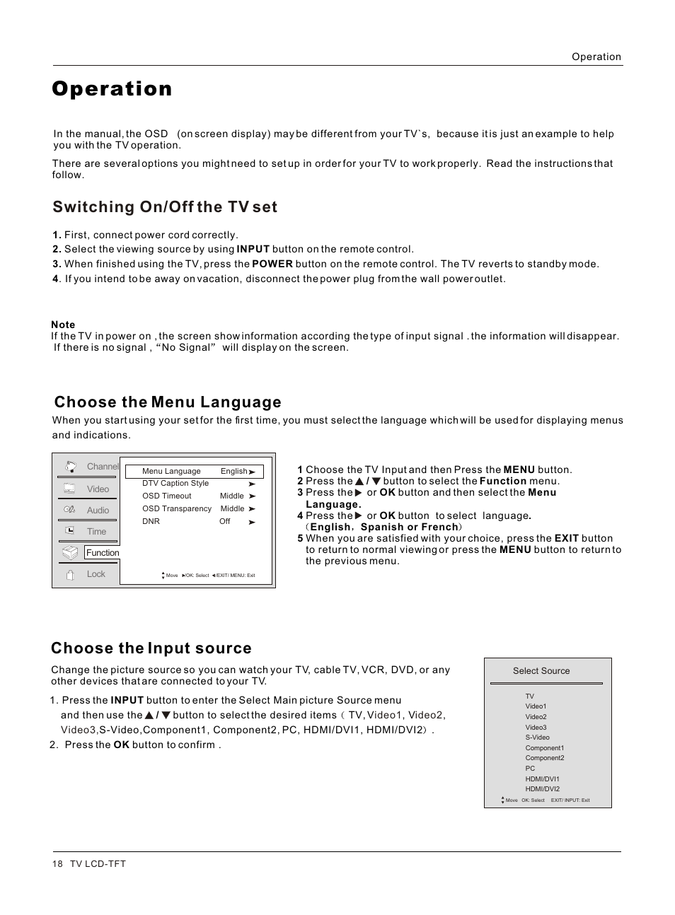 Т³гж 18, Operation, Choose the menu language | haier HL26S User Manual | Page 18 / 44