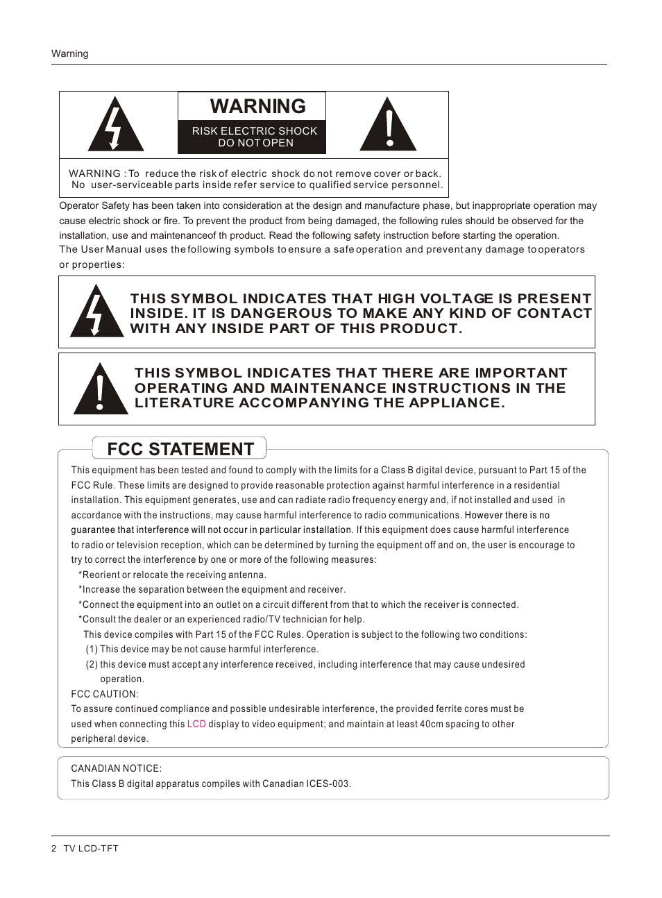 Т³гж 2, Warning, Fcc statement | haier HL26S User Manual | Page 2 / 44