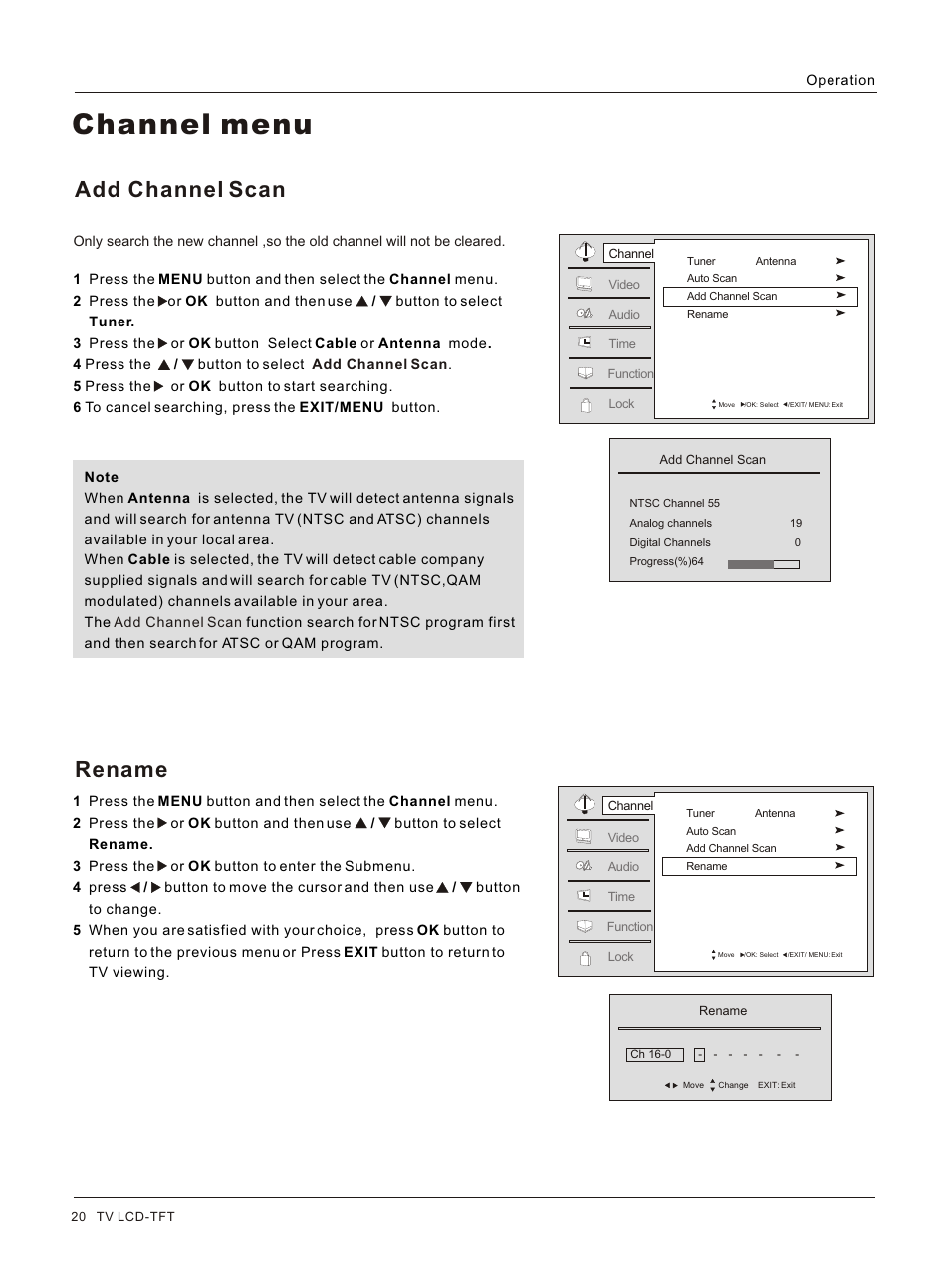 Т³гж 20, Channel menu, Add channel scan rename | haier HL26S User Manual | Page 20 / 44