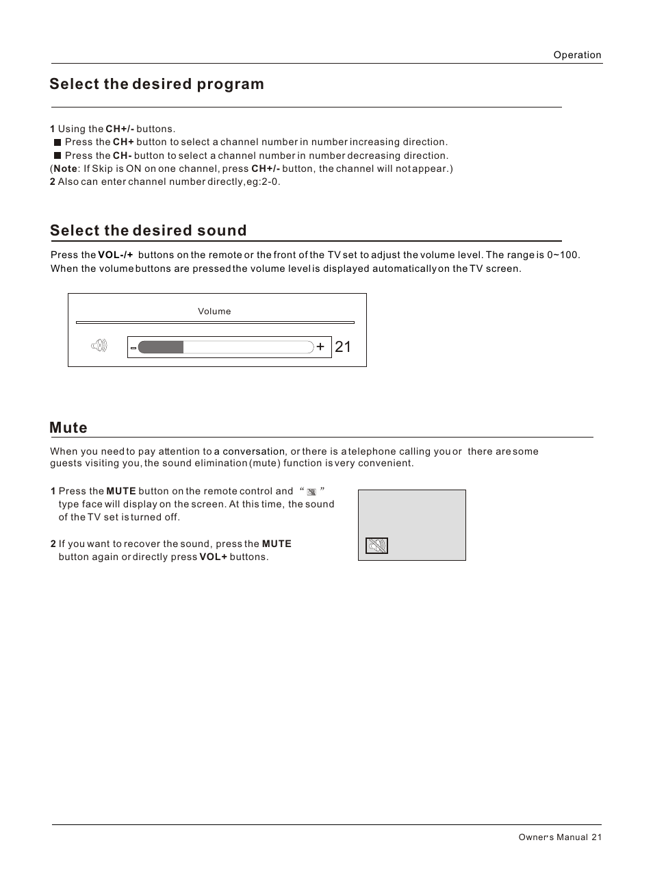 Т³гж 21, Select the desired sound, Mute | 21 select the desired program | haier HL26S User Manual | Page 21 / 44