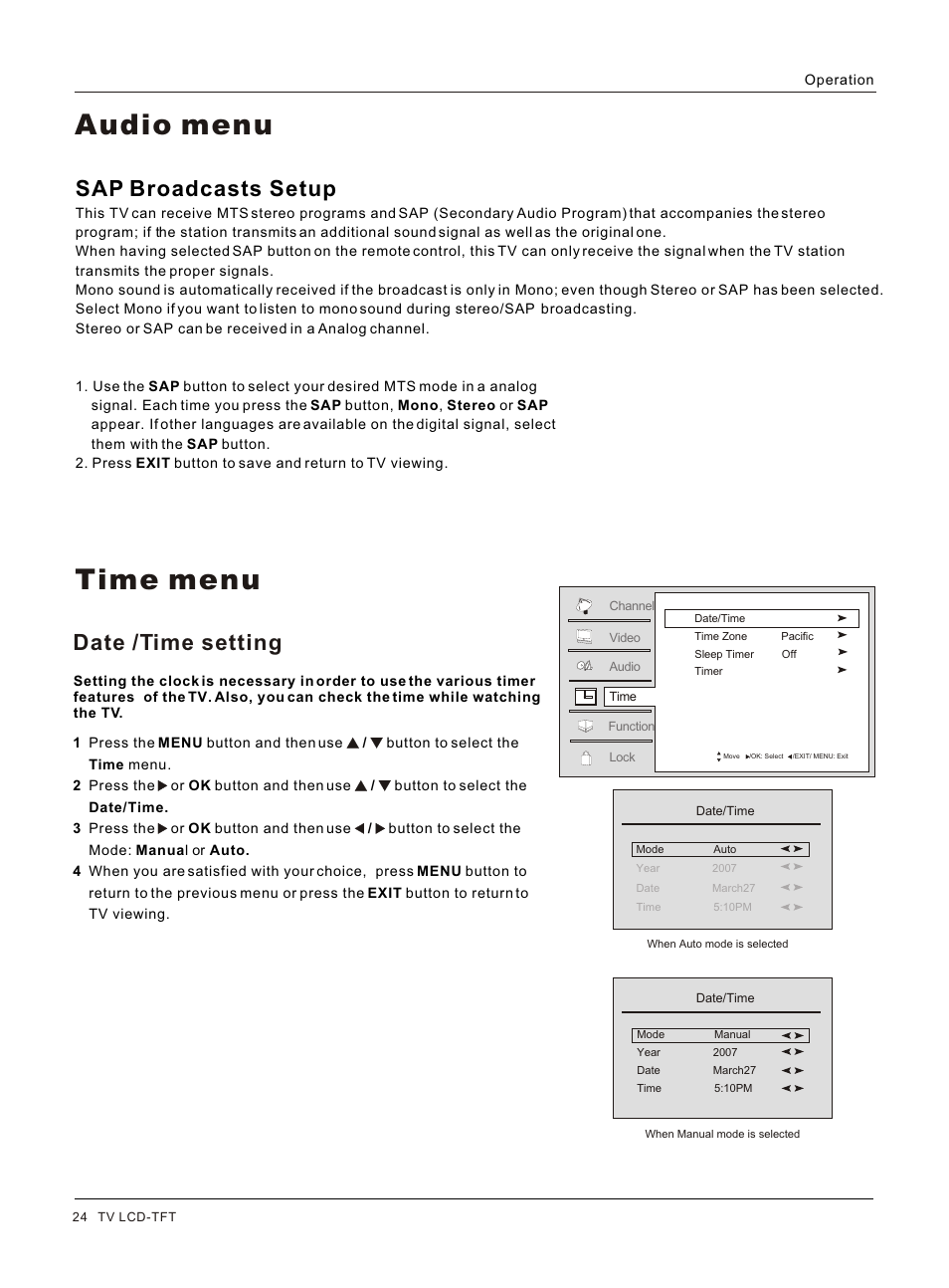 Т³гж 24, Time menu audio menu, Sap broadcasts setup | Date /time setting | haier HL26S User Manual | Page 24 / 44