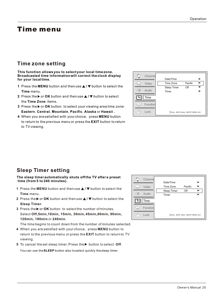 Т³гж 25, Time menu, Sleep timer setting | Time zone setting | haier HL26S User Manual | Page 25 / 44