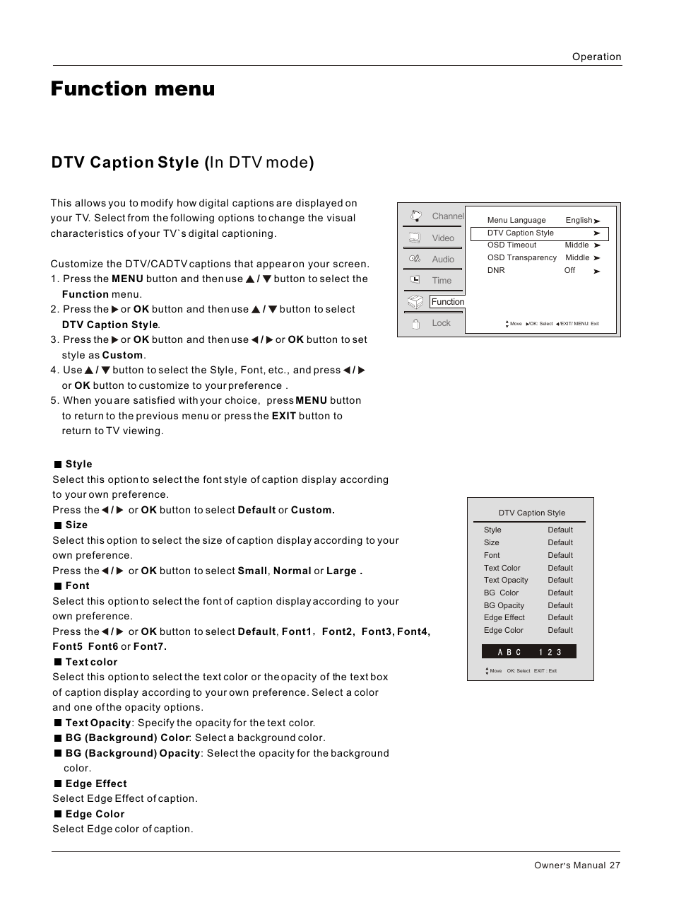 Т³гж 27, Function menu, Dtv caption style ( in dtv mode ) | haier HL26S User Manual | Page 27 / 44