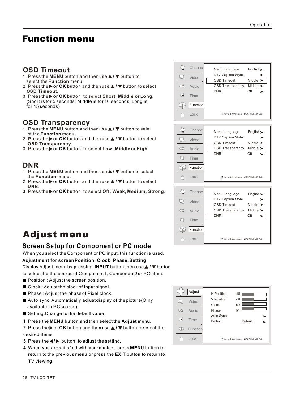 Т³гж 28, Function menu, Adjust menu | Osd timeout, Osd transparency, Screen setup for component or pc mode | haier HL26S User Manual | Page 28 / 44