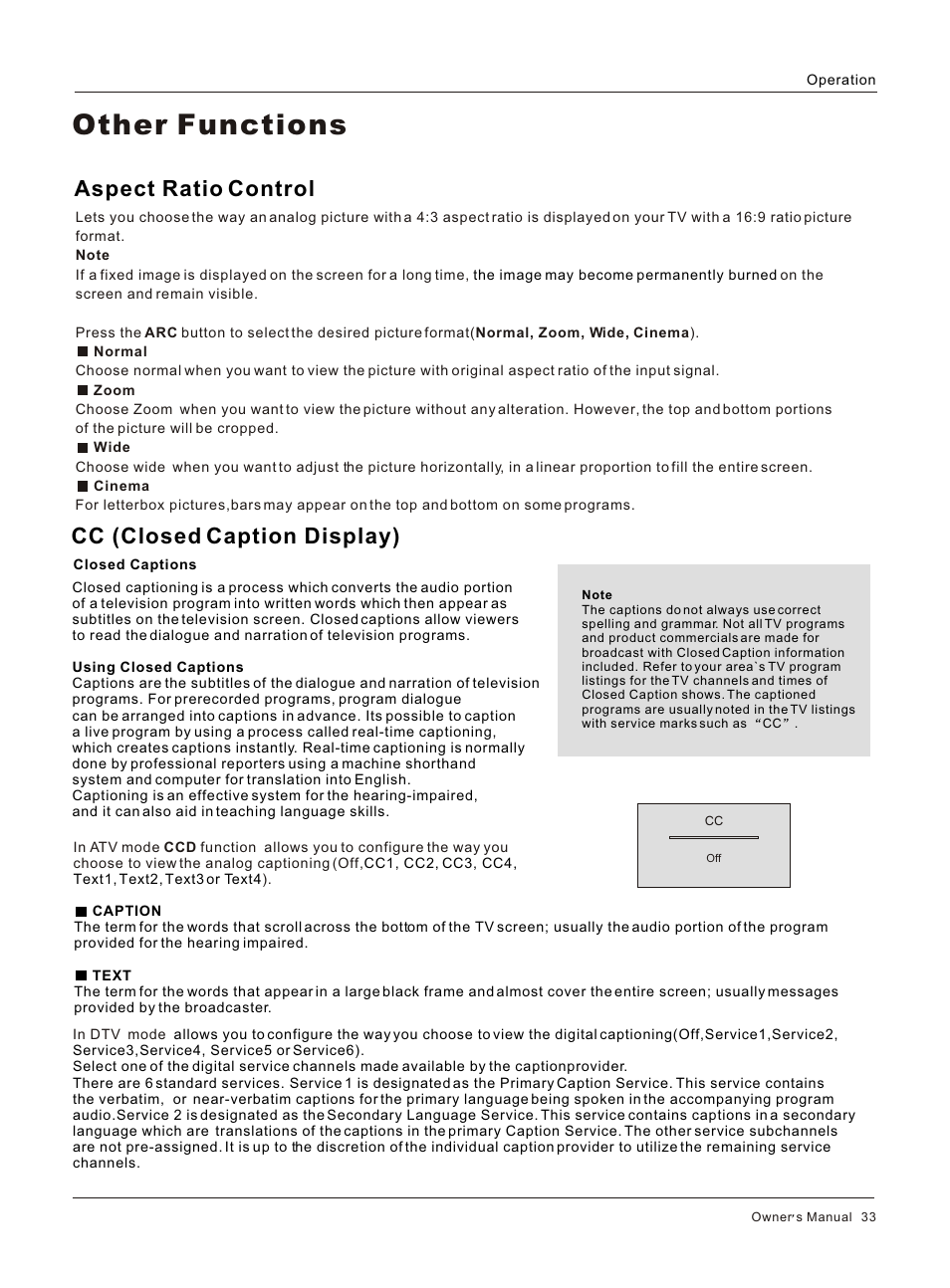 Т³гж 33, Other functions, Aspect ratio control | Cc (closed caption display) | haier HL26S User Manual | Page 33 / 44