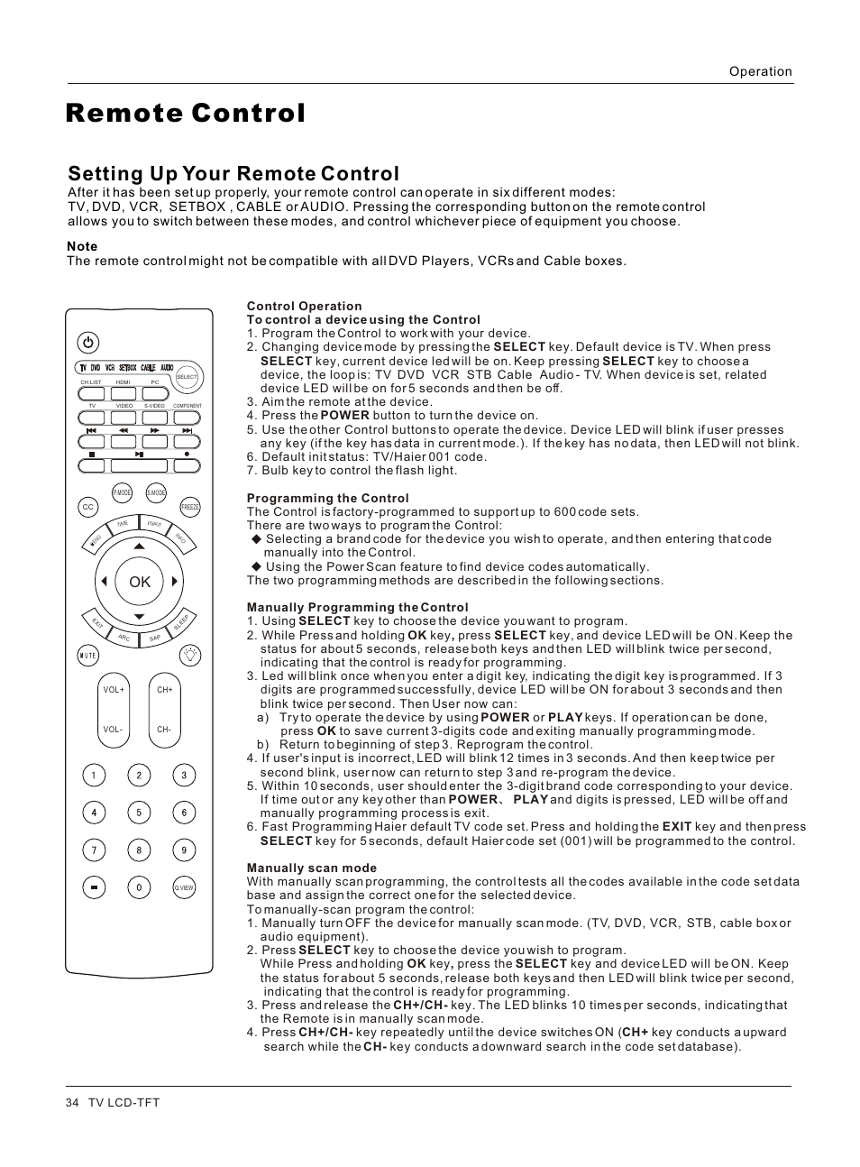 Т³гж 34, Remote control, Setting up your remote control | Operation | haier HL26S User Manual | Page 34 / 44