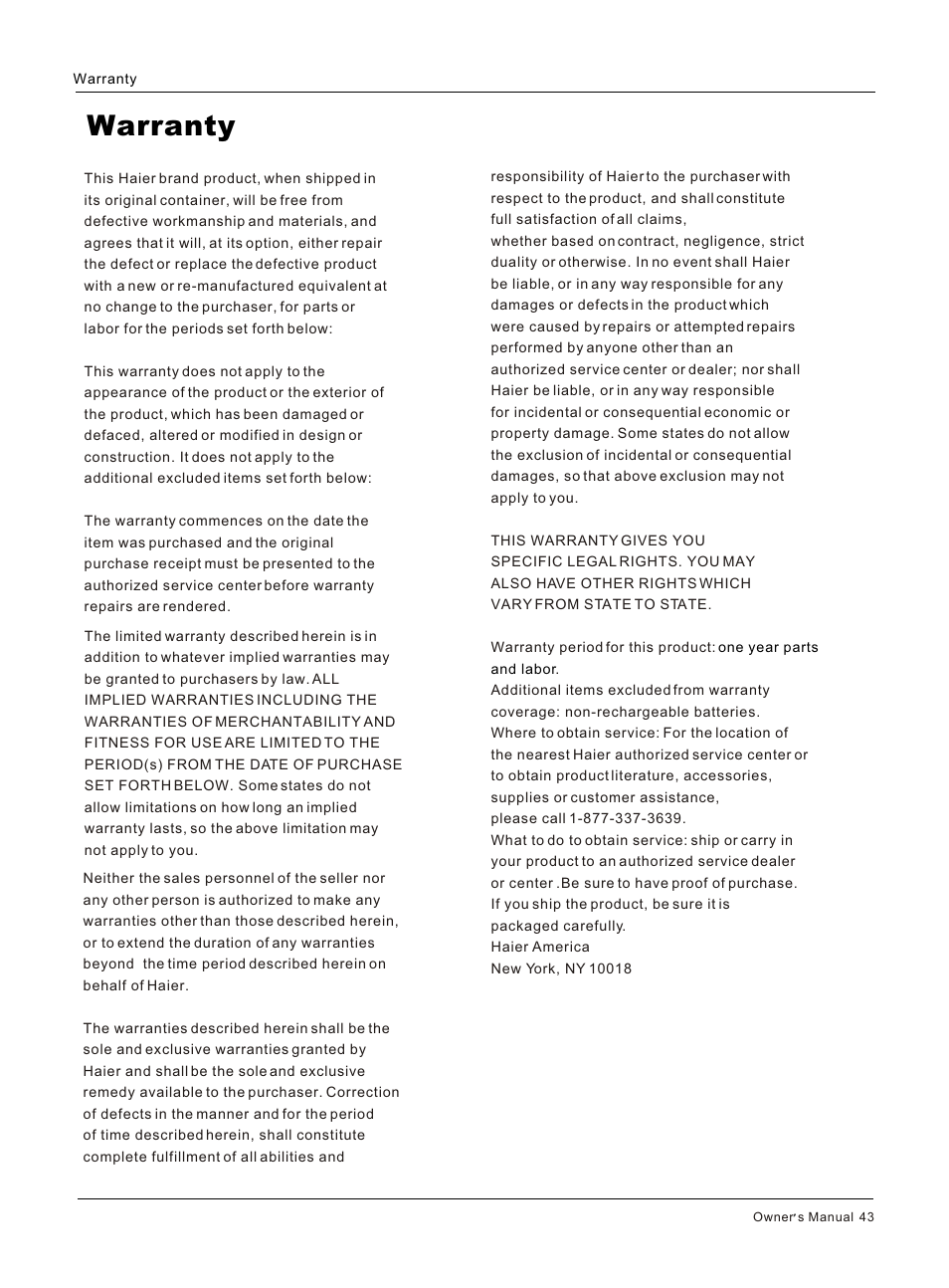 Т³гж 43, Warranty | haier HL26S User Manual | Page 43 / 44