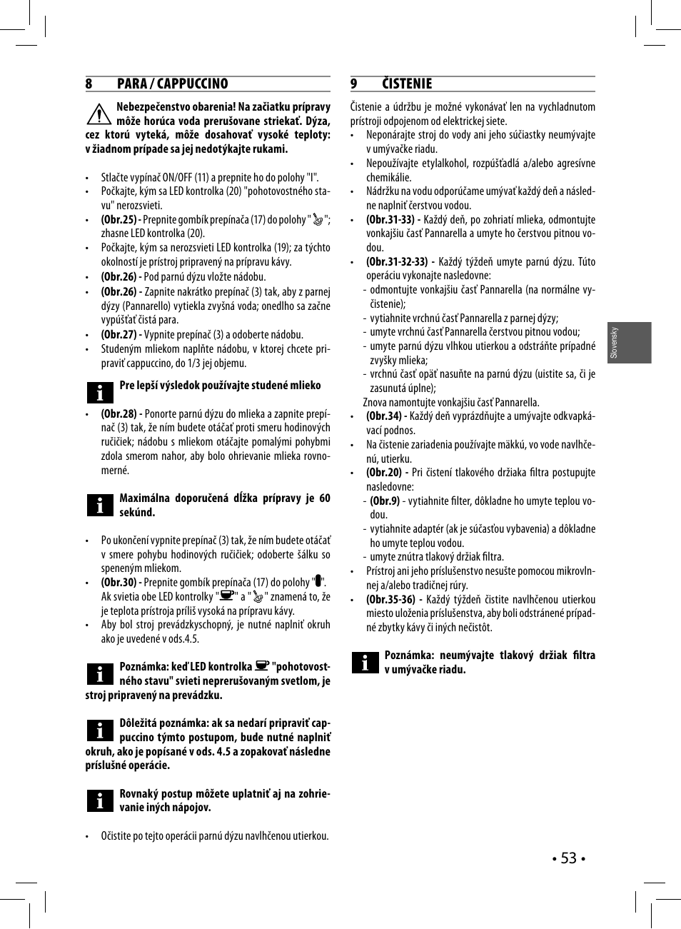 8 para / cappuccino, 9 čistenie | Philips HD8323 User Manual | Page 53 / 108