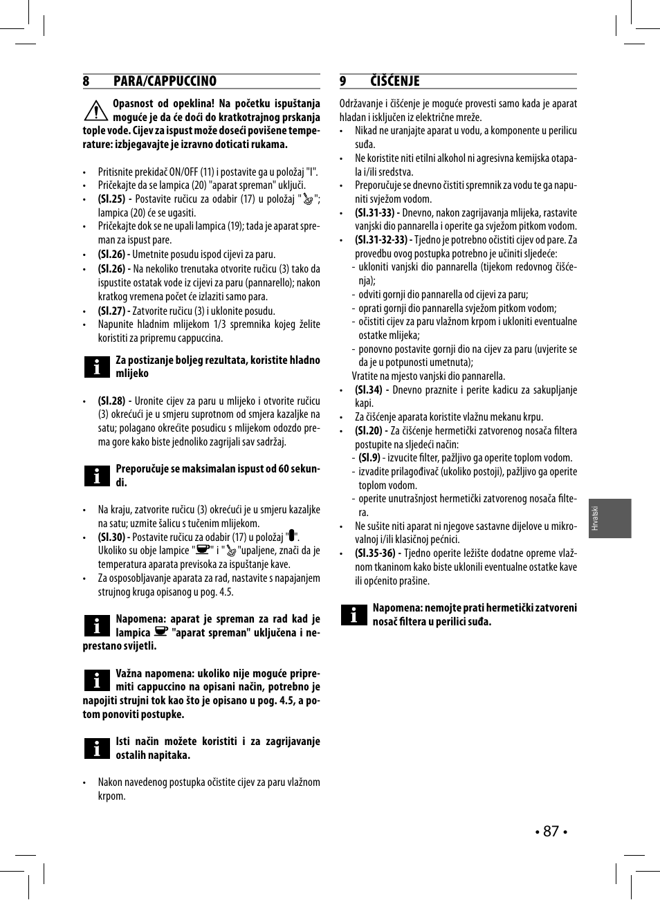 8 para/cappuccino, 9 čišćenje | Philips HD8323 User Manual | Page 87 / 108