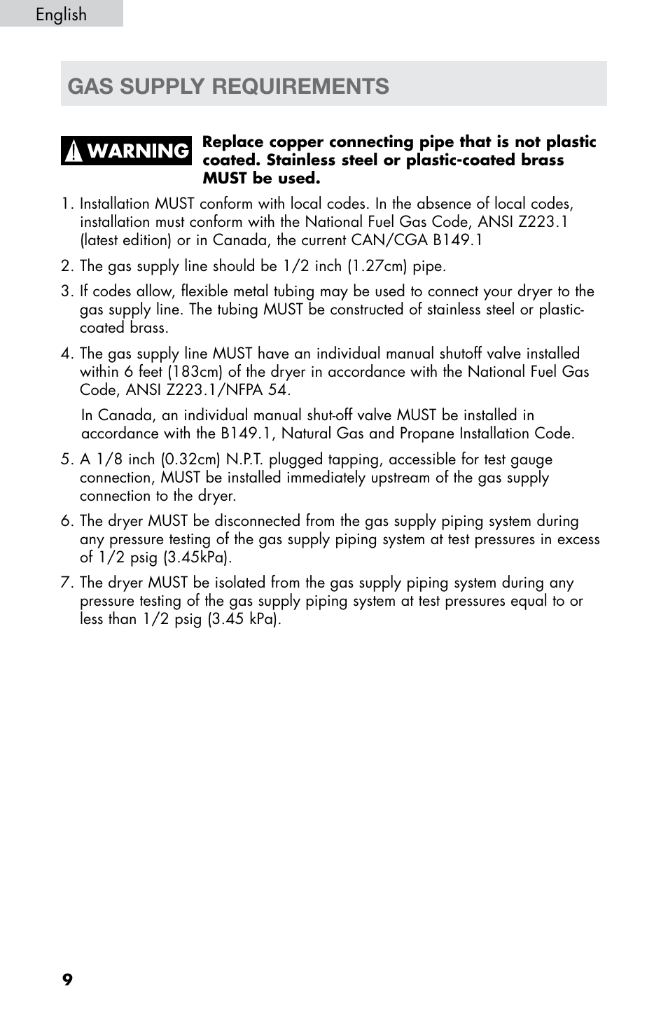 Gas supply requirements | haier CHDE5300AW User Manual | Page 10 / 107