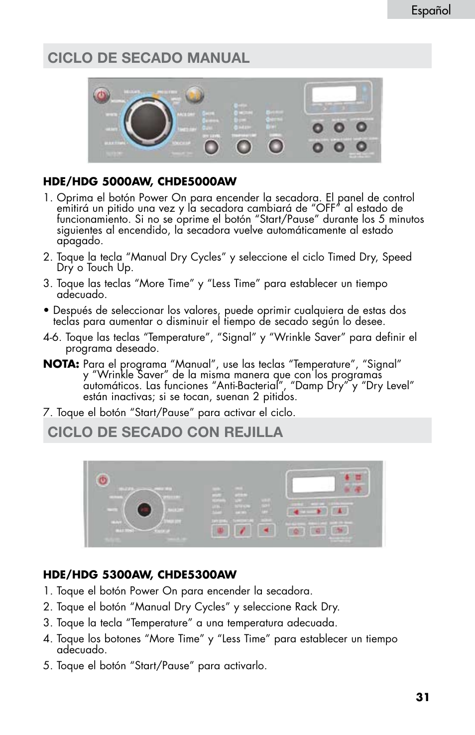 Ciclo de secado manual ciclo de secado con rejilla | haier CHDE5300AW User Manual | Page 101 / 107