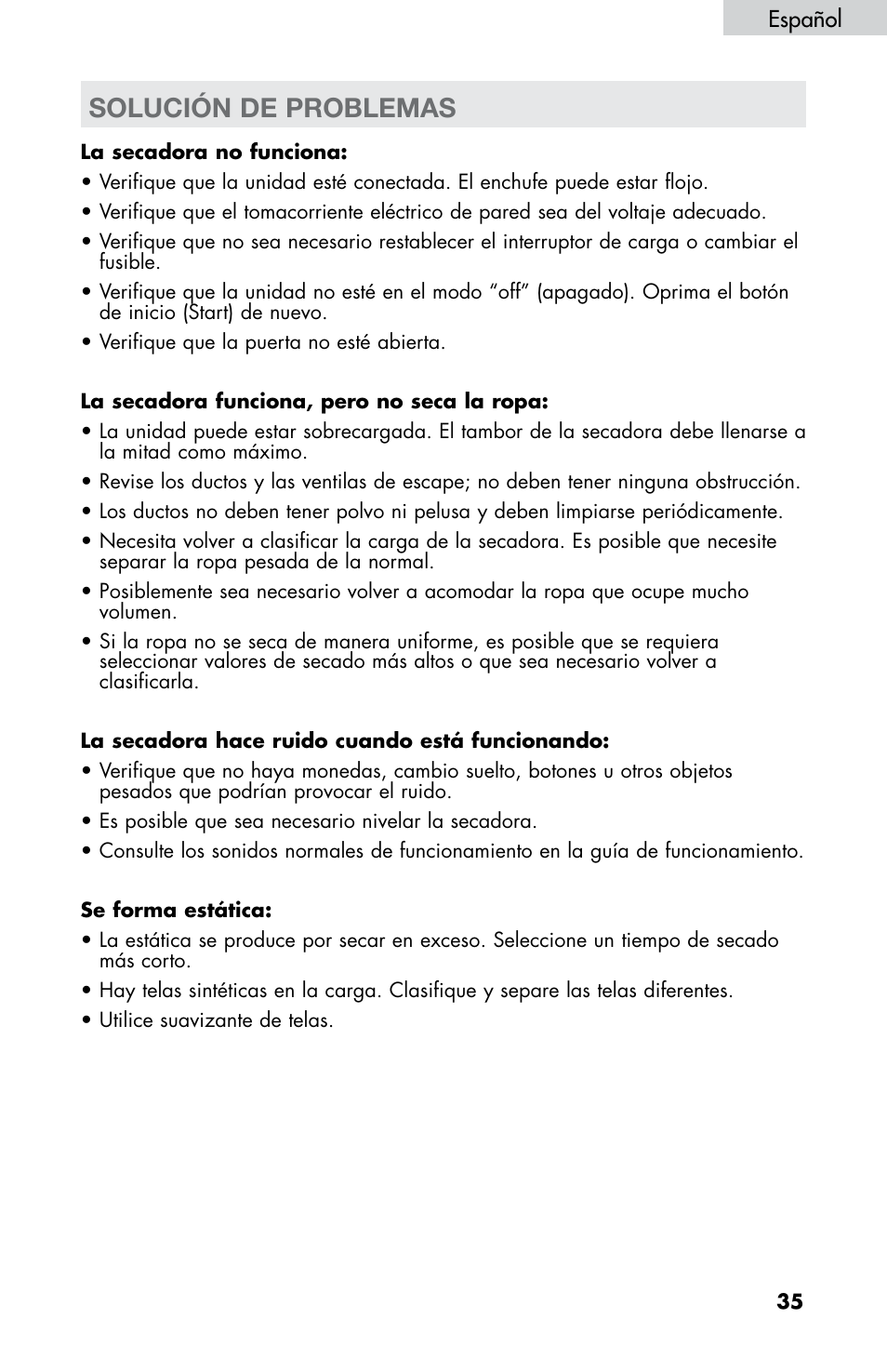 Solución de problemas | haier CHDE5300AW User Manual | Page 105 / 107